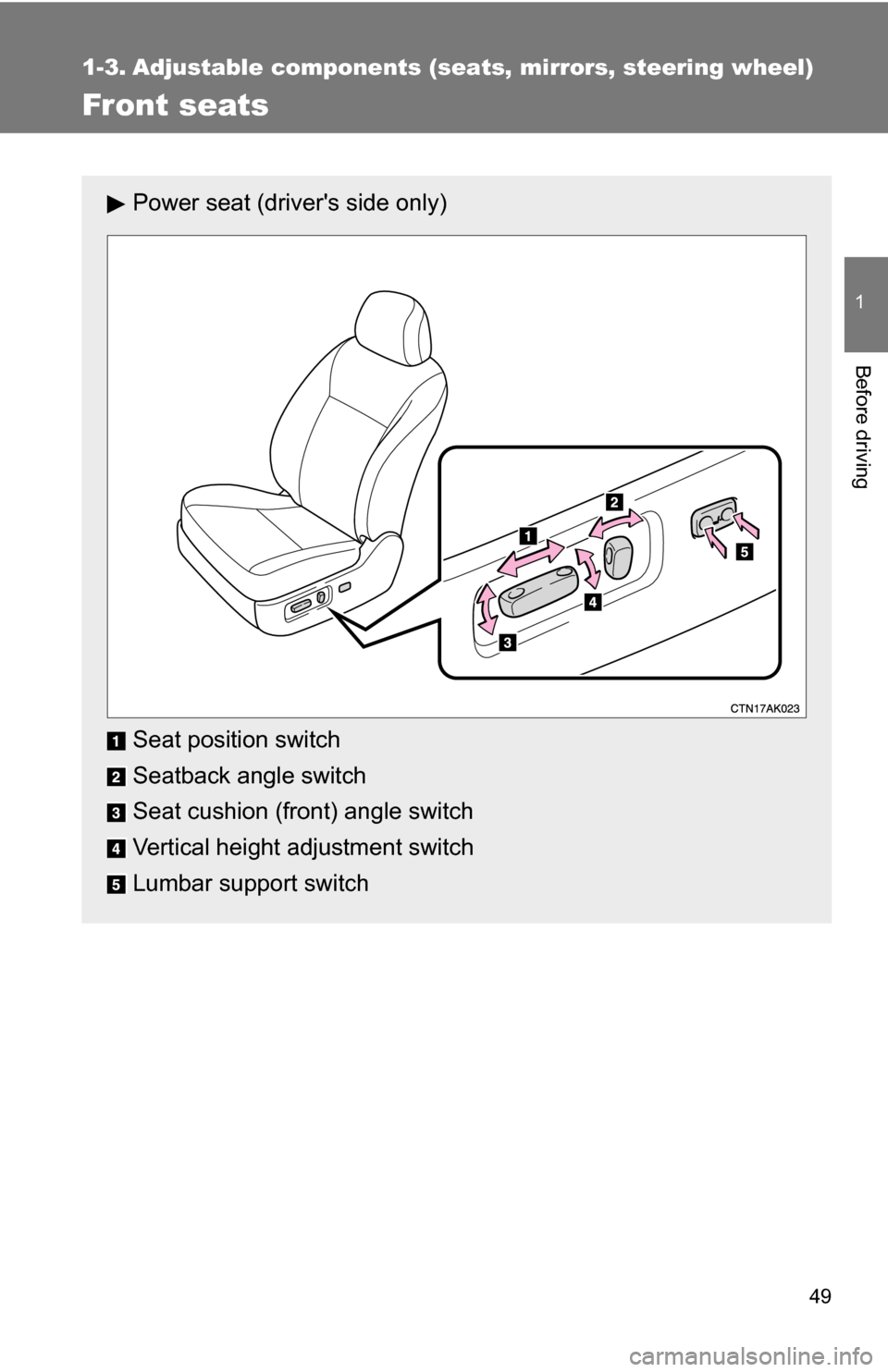 TOYOTA COROLLA 2010 10.G Owners Manual 49
1
Before driving
1-3. Adjustable components (seats, mirrors, steering wheel)
Front seats
Power seat (drivers side only)
Seat position switch
Seatback angle switch
Seat cushion (front) angle switch