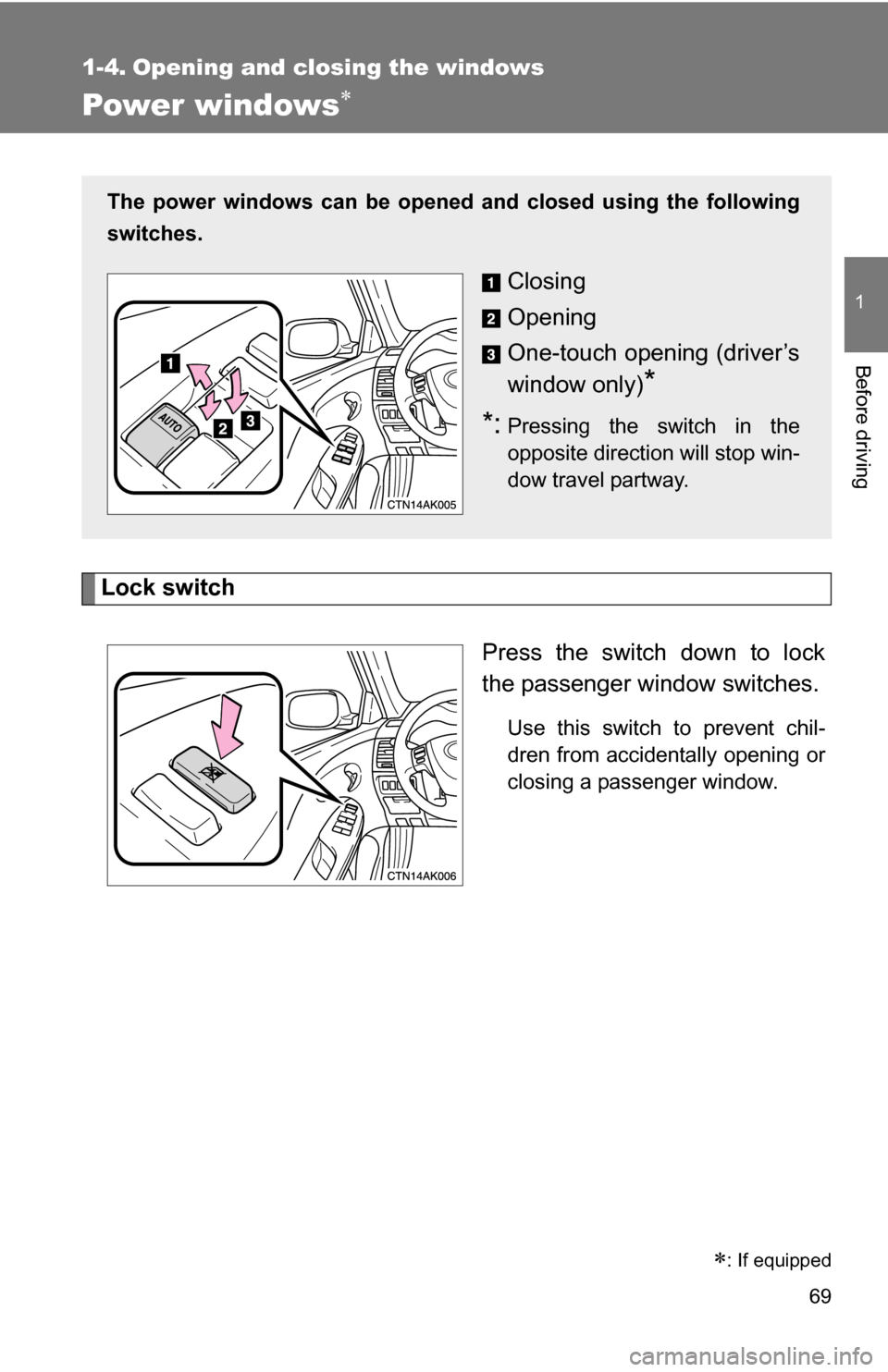 TOYOTA COROLLA 2010 10.G Repair Manual 69
1
Before driving
1-4. Opening and closing the windows
Power windows
Lock switchPress the switch down to lock
the passenger window switches.
Use this switch to prevent chil-
dren from accidentall