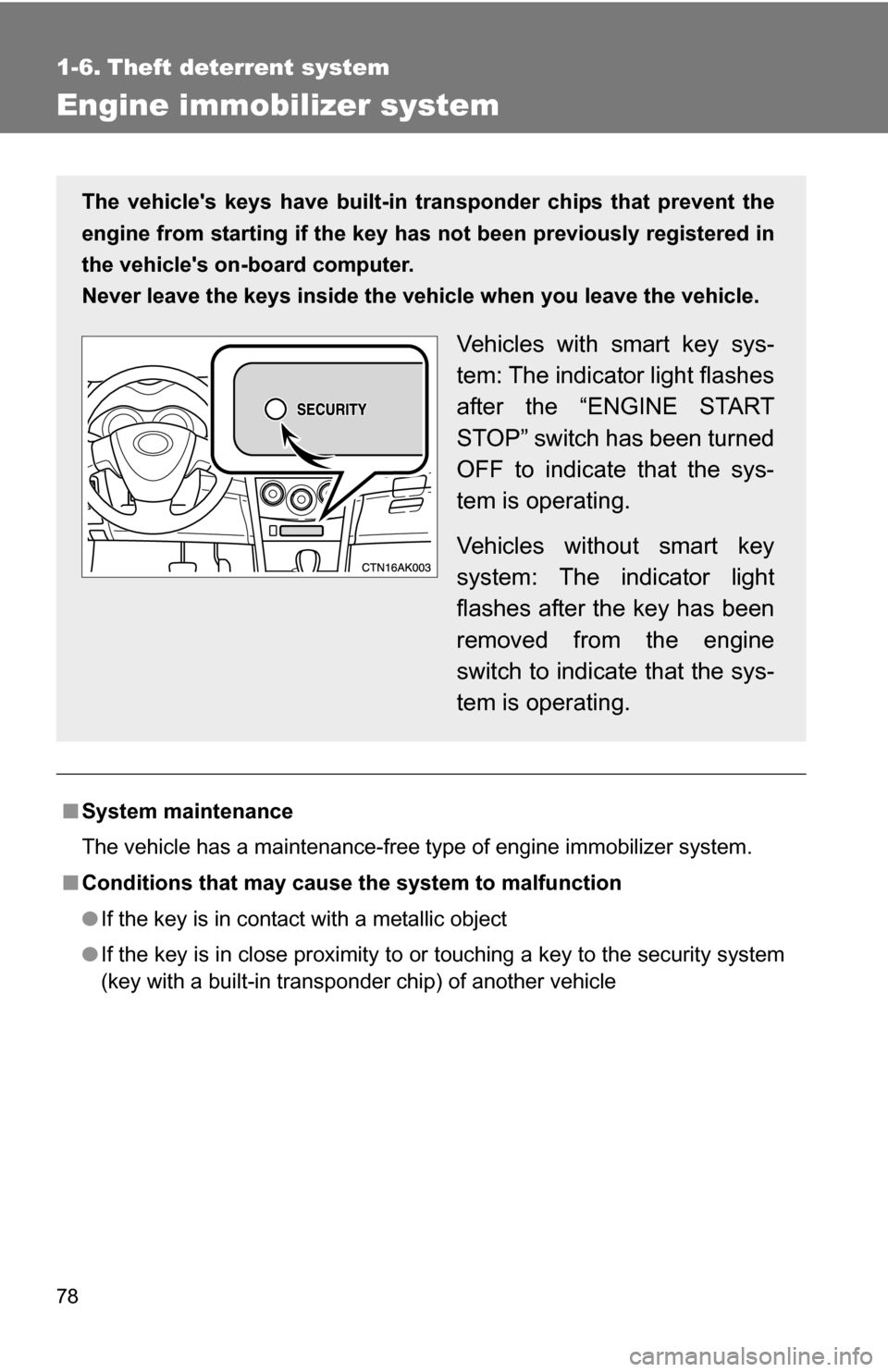 TOYOTA COROLLA 2010 10.G Owners Manual 78
1-6. Theft deterrent system
Engine immobilizer system
■System maintenance
The vehicle has a maintenance-free type of engine immobilizer system.
■ Conditions that may cause the system to malfunc