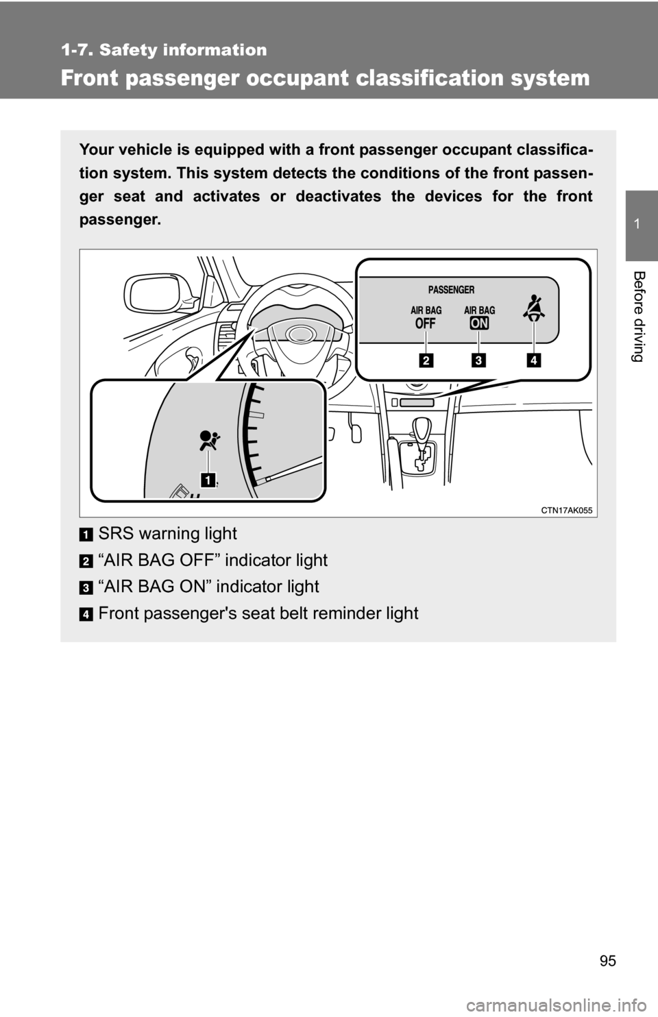 TOYOTA COROLLA 2010 10.G Owners Manual 95
1
1-7. Safety information
Before driving
Front passenger occupant classification system
Your vehicle is equipped with a front passenger occupant classifica-
tion system. This system detects the  co