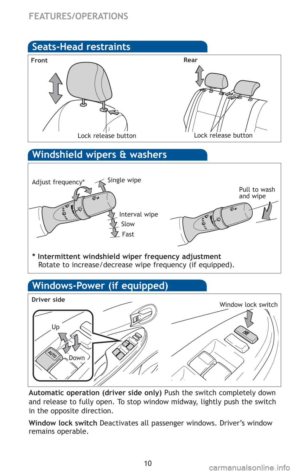 TOYOTA COROLLA 2010 10.G Quick Reference Guide 10
FEATURES/OPERATIONS
Seats-Head restraints
FrontRear
Lock release buttonLock release button
Windshield wipers & washers
Interval wipe Single wipe
Slow
Fast
Pull to wash
and wipe
Windows-Power (if eq TOYOTA COROLLA 2010 10.G Quick Reference Guide 10
FEATURES/OPERATIONS
Seats-Head restraints
FrontRear
Lock release buttonLock release button
Windshield wipers & washers
Interval wipe Single wipe
Slow
Fast
Pull to wash
and wipe
Windows-Power (if eq