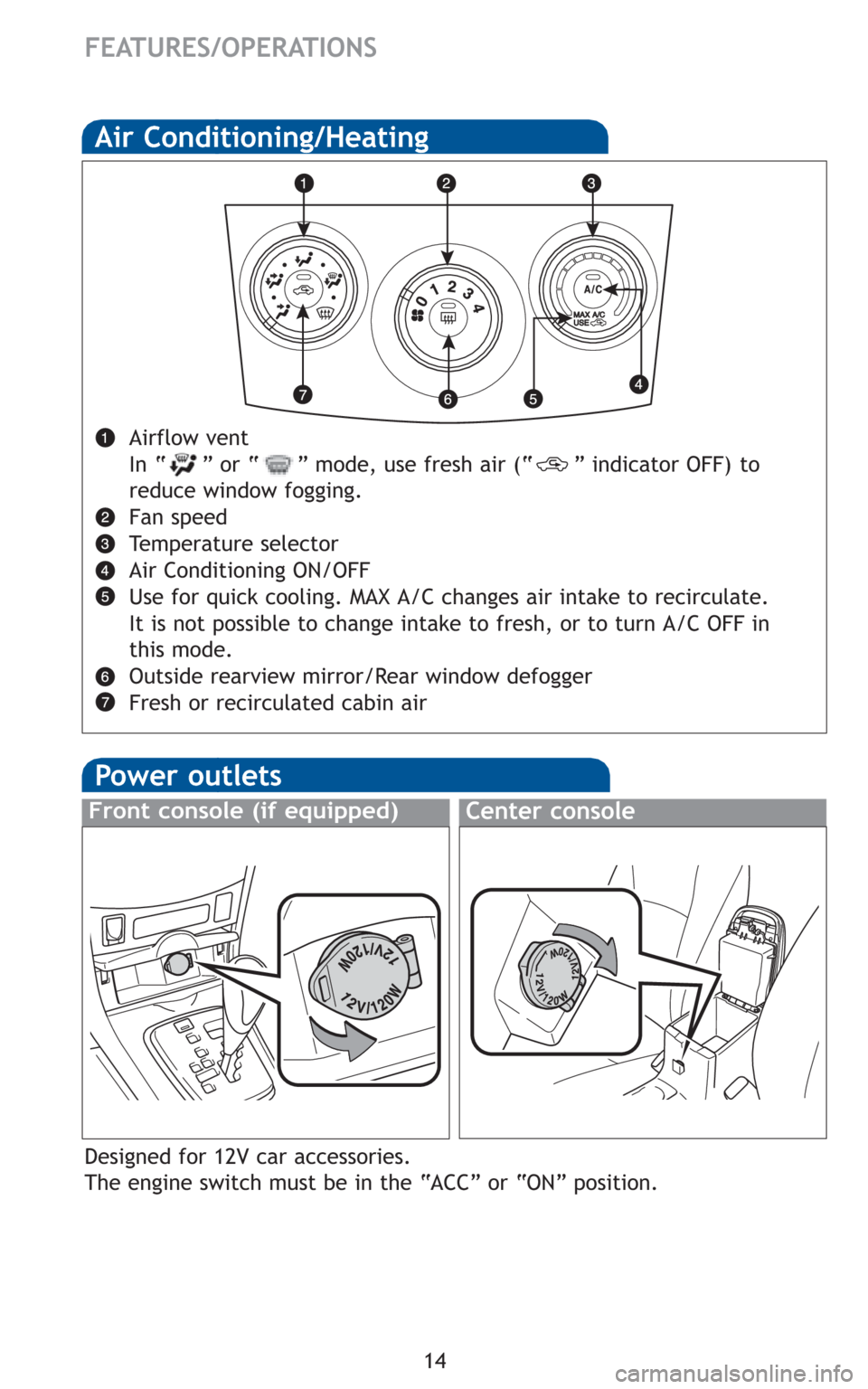 TOYOTA COROLLA 2010 10.G Quick Reference Guide 14
FEATURES/OPERATIONS
Air Conditioning/Heating
Airflow vent
In “ ” or “ ” mode, use fresh air (“ ” indicator OFF) to
reduce window fogging.
Fan speed
Temperature selector
Air Conditioning TOYOTA COROLLA 2010 10.G Quick Reference Guide 14
FEATURES/OPERATIONS
Air Conditioning/Heating
Airflow vent
In “ ” or “ ” mode, use fresh air (“ ” indicator OFF) to
reduce window fogging.
Fan speed
Temperature selector
Air Conditioning