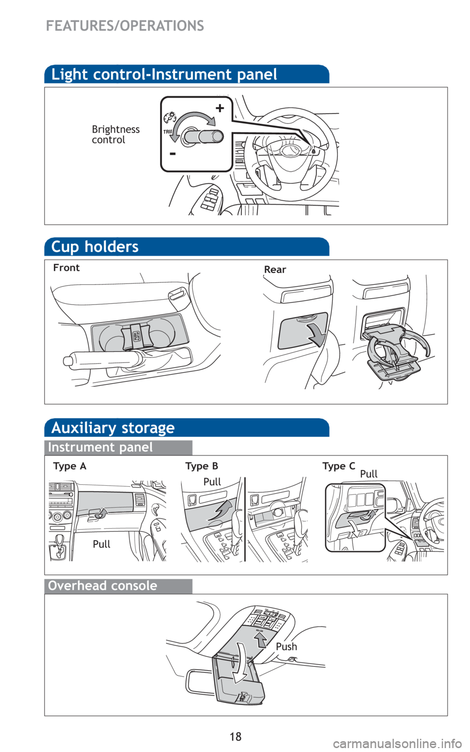 TOYOTA COROLLA 2010 10.G Quick Reference Guide 18
FEATURES/OPERATIONS
Cup holders
Front
Auxiliary storage
Instrument panel
Overhead console
Ty p e ATy p e BTy p e C
Rear
PullPull
PushPull
Light control-Instrument panel
Brightness
control
-
+ TOYOTA COROLLA 2010 10.G Quick Reference Guide 18
FEATURES/OPERATIONS
Cup holders
Front
Auxiliary storage
Instrument panel
Overhead console
Ty p e ATy p e BTy p e C
Rear
PullPull
PushPull
Light control-Instrument panel
Brightness
control
-
+