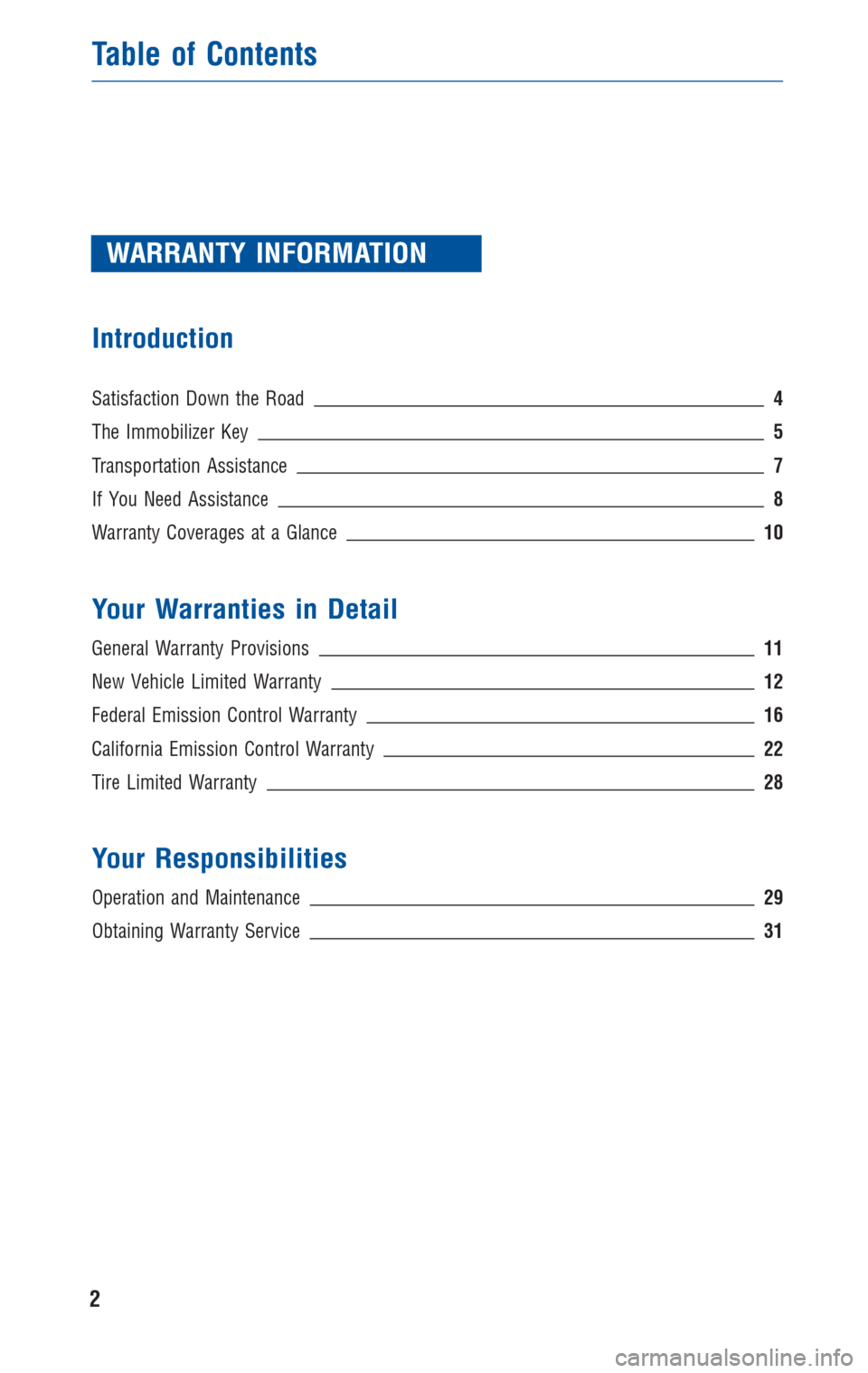 TOYOTA COROLLA 2010 10.G Warranty And Maintenance Guide WARRANTY INFORMATION
Introduction
Satisfaction Down the Road4
The Immobilizer Key5
Transportation Assistance7
If You Need Assistance8
Warranty Coverages at a Glance10
Your Warranties in Detail
General