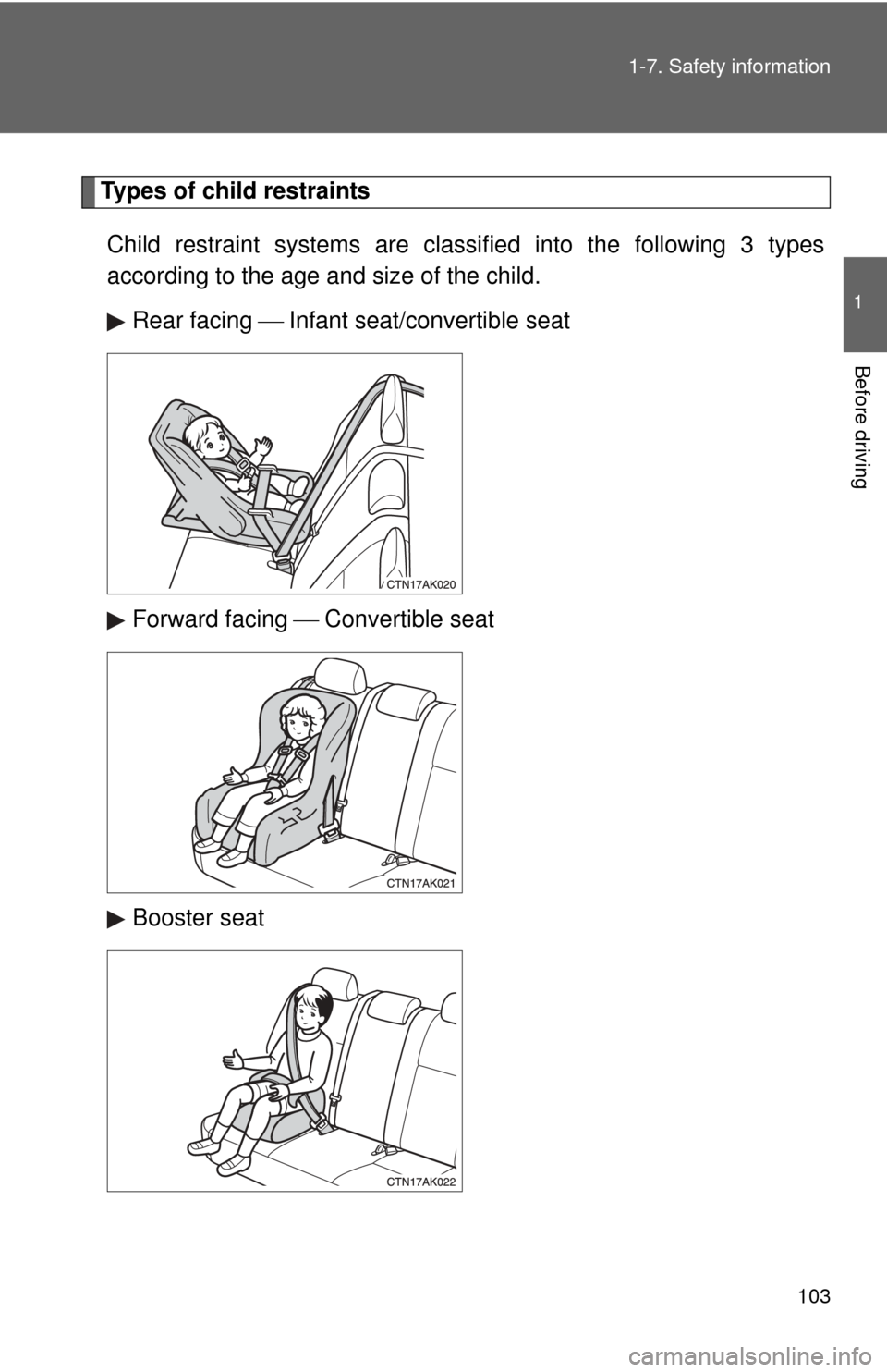 TOYOTA COROLLA 2011 10.G Owners Manual 103
1-7. Safety information
1
Before driving
Types of child restraints
Child restraint systems are classi fied into the following 3 types
according to the age and size of the child.
Rear facing   I