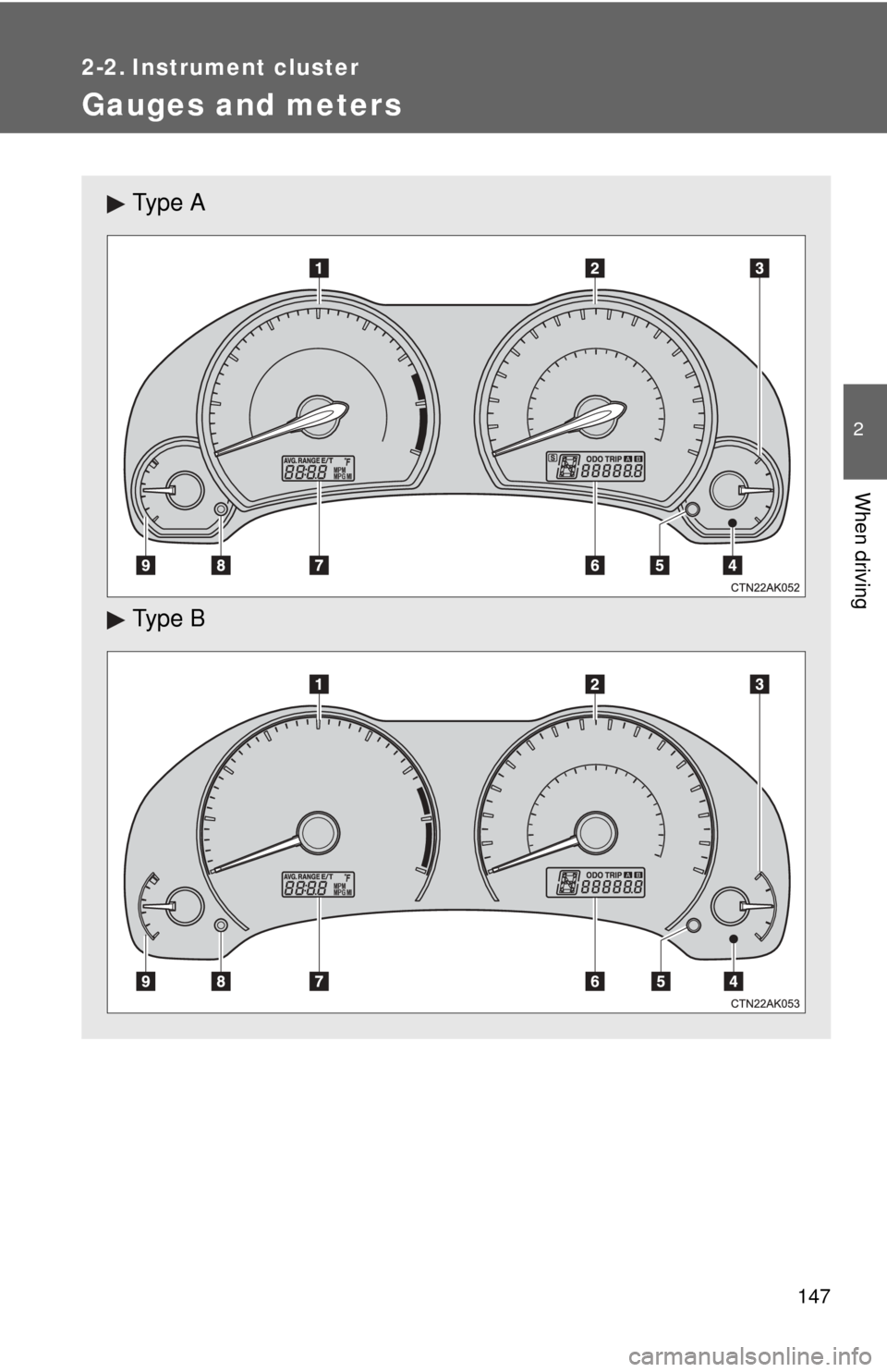 TOYOTA COROLLA 2011 10.G Owners Manual 147
2
When driving
2-2. Instrument cluster
Gauges and meters
Ty p e  A
Ty p e  B 