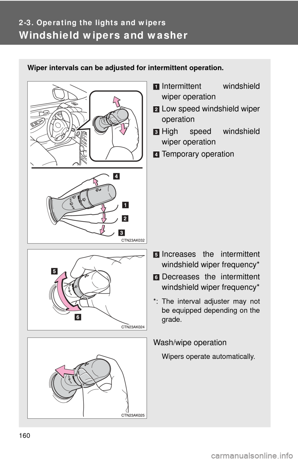 TOYOTA COROLLA 2011 10.G Owners Manual 160
2-3. Operating the lights and wipers
Windshield wipers and washer
Wiper intervals can be adjusted for intermittent operation.
Intermittent windshield
wiper operation
Low speed windshield wiper
ope