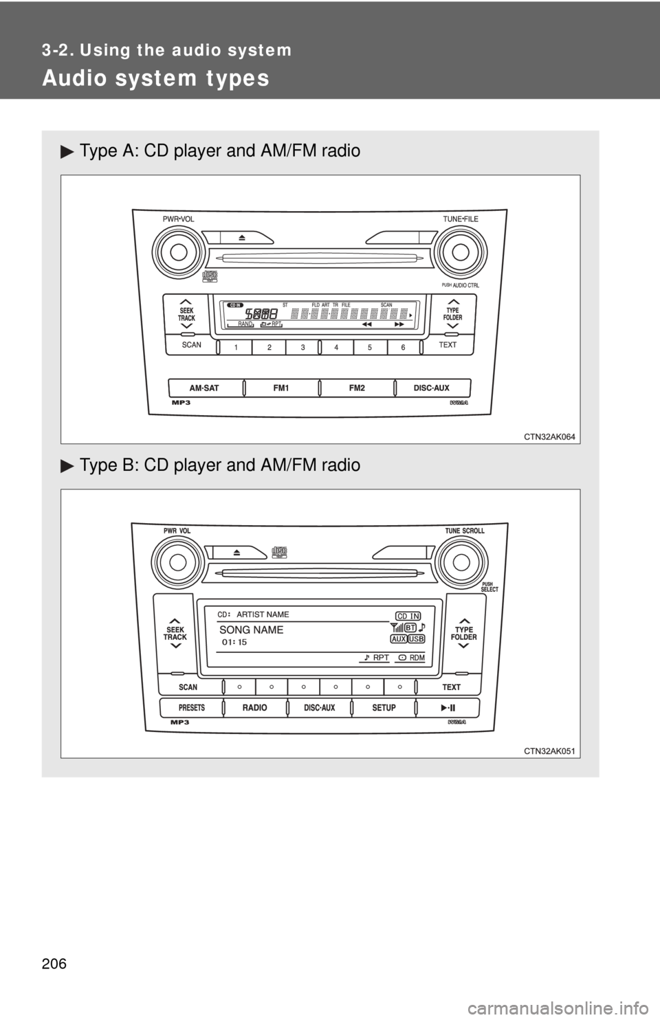 TOYOTA COROLLA 2011 10.G Owners Manual 206
3-2. Using the audio system
Audio system types
Type A: CD player and AM/FM radio
Type B: CD player and AM/FM radio 