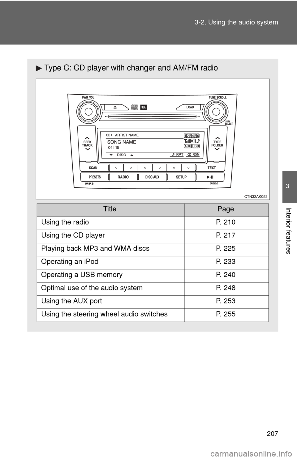 TOYOTA COROLLA 2011 10.G Owners Manual 207
3-2. Using the audio system
3
Interior features
Type C: CD player with changer and AM/FM radio
TitlePage
Using the radioP. 210
Using the CD playerP. 217
Playing back MP3 and WMA discsP. 225
Operat