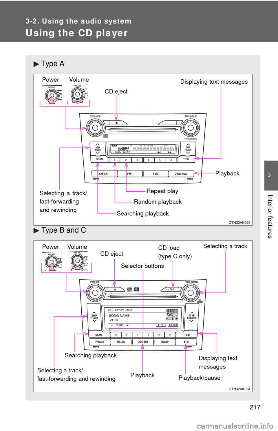 TOYOTA COROLLA 2011 10.G Owners Manual 217
3-2. Using the audio system
3
Interior features
Using the CD player
Ty p e  A
Type B and C
Vol um eRandom playbackRepeat play Playback
Power
CD eject
Displaying text messages
Searching playback
Se