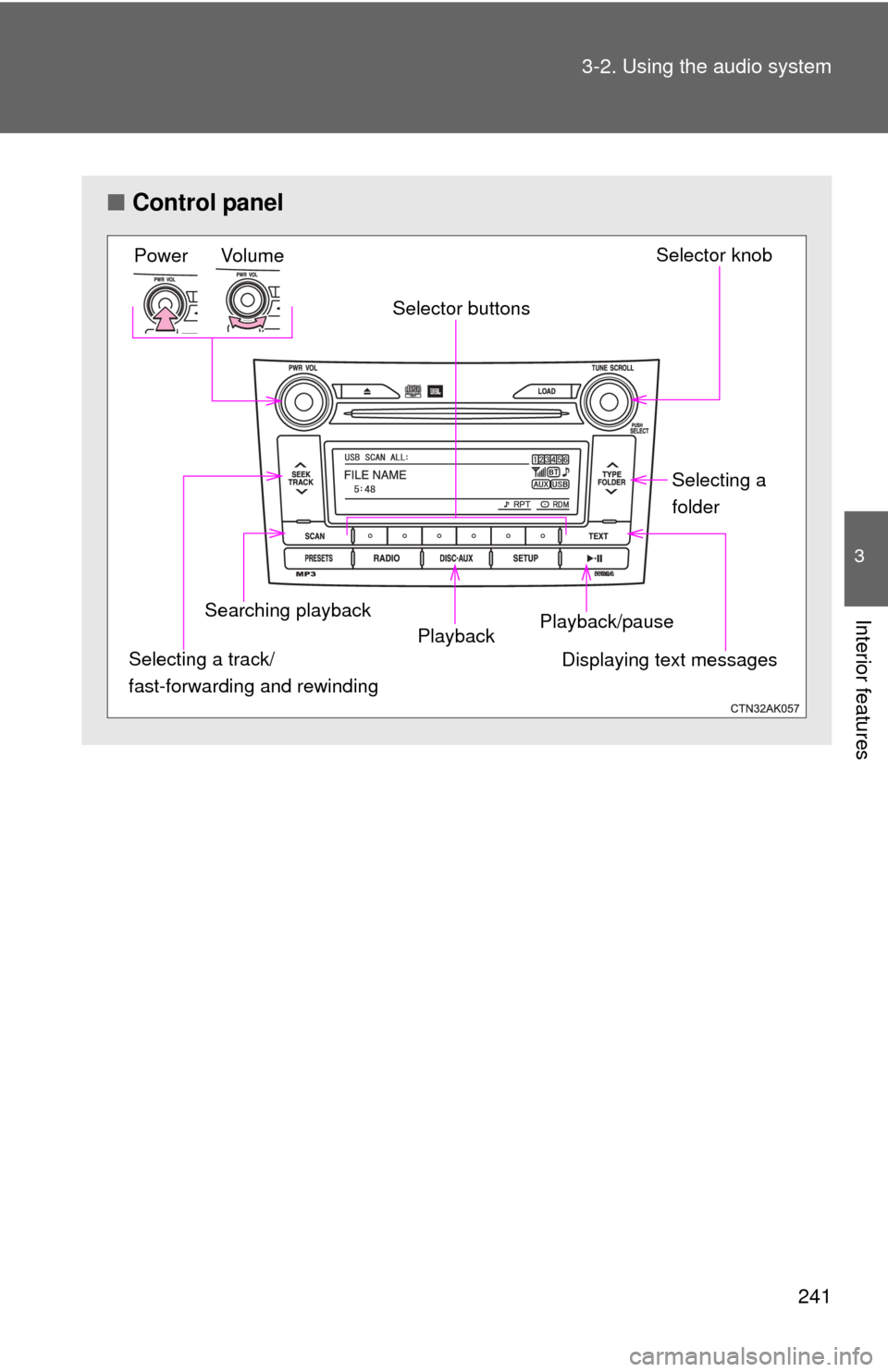TOYOTA COROLLA 2011 10.G Owners Manual 241
3-2. Using the audio system
3
Interior features
■
Control panel
Power Volume Selector knob
Displaying text messages
Playback
Playback/pause
Searching playback Selector buttons
Selecting a
folde TOYOTA COROLLA 2011 10.G Owners Manual 241
3-2. Using the audio system
3
Interior features
■
Control panel
Power Volume Selector knob
Displaying text messages
Playback
Playback/pause
Searching playback Selector buttons
Selecting a
folde