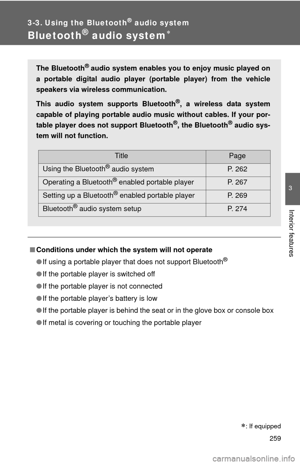 TOYOTA COROLLA 2011 10.G Owners Manual 259
3
Interior features
3-3. Using the Bluetooth® audio system
Bluetooth® audio system
■Conditions under which th e system will not operate
● If using a portable player that does not support 