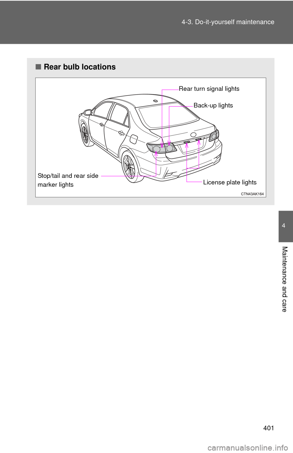 TOYOTA COROLLA 2011 10.G Owners Manual 401
4-3. Do-it-yourself maintenance
4
Maintenance and care
■
Rear bulb locations
Stop/tail and rear side 
marker lights Rear turn signal lights
Back-up lights
License plate lights 