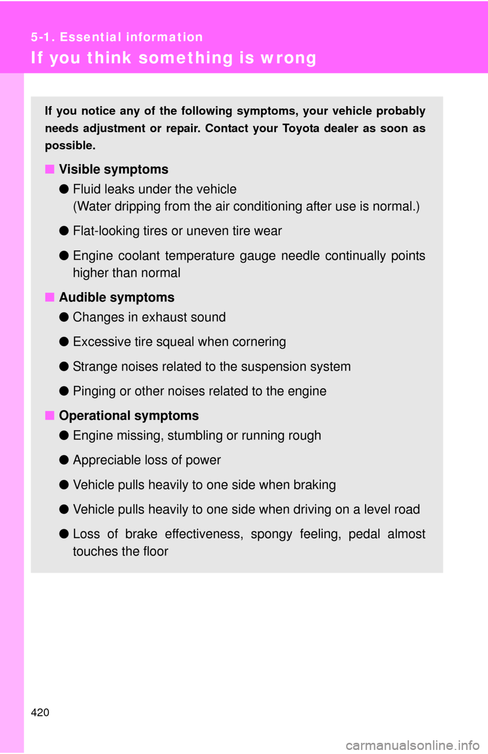 TOYOTA COROLLA 2011 10.G Owners Manual 420
5-1. Essential information
If you think something is wrong
If you notice any of the following symptoms, your vehicle probably
needs adjustment or repair. Contact your Toyota dealer as soon as
poss