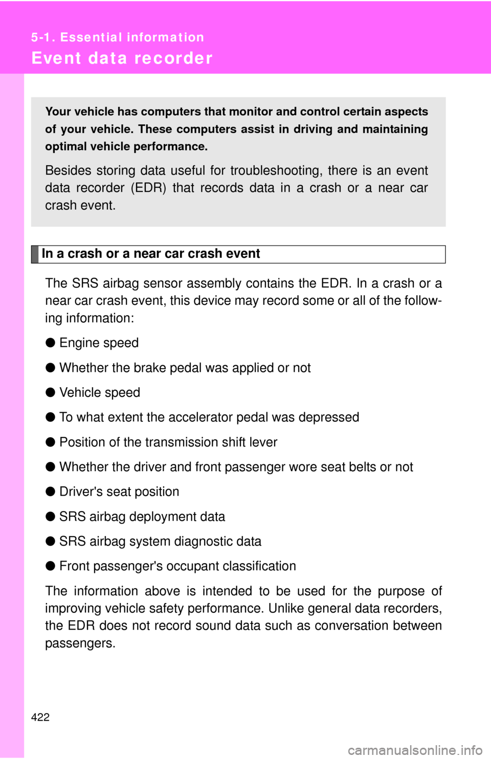 TOYOTA COROLLA 2011 10.G Owners Manual 422
5-1. Essential information
Event data recorder
In a crash or a near car crash eventThe SRS airbag sensor assembly contains the EDR. In a crash or a
near car crash event, this device may record som