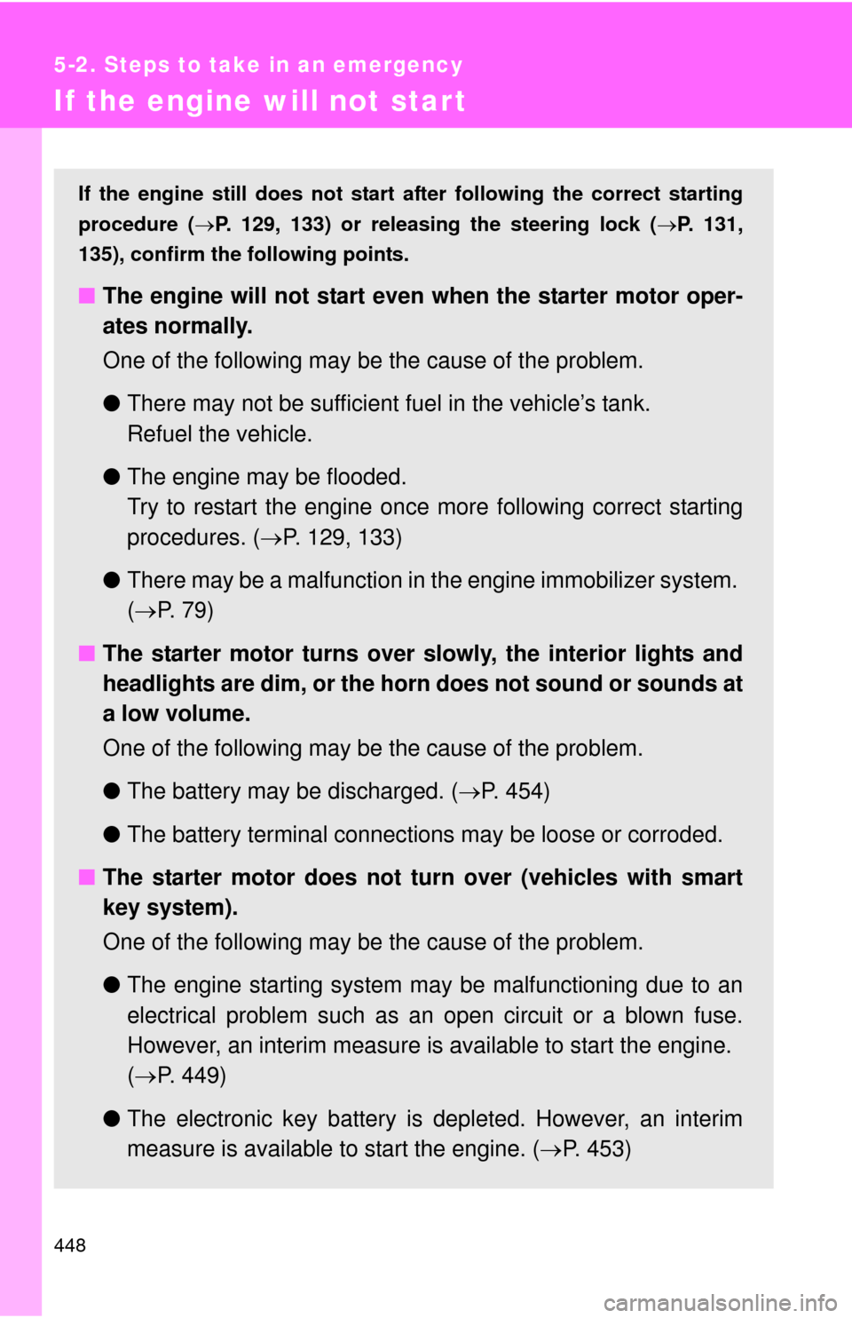 TOYOTA COROLLA 2011 10.G Owners Manual 448
5-2. Steps to take in an emergency
If the engine will not star t
If the engine still does not start after following the correct starting
procedure (P. 129, 133) or releasing the steering lock (