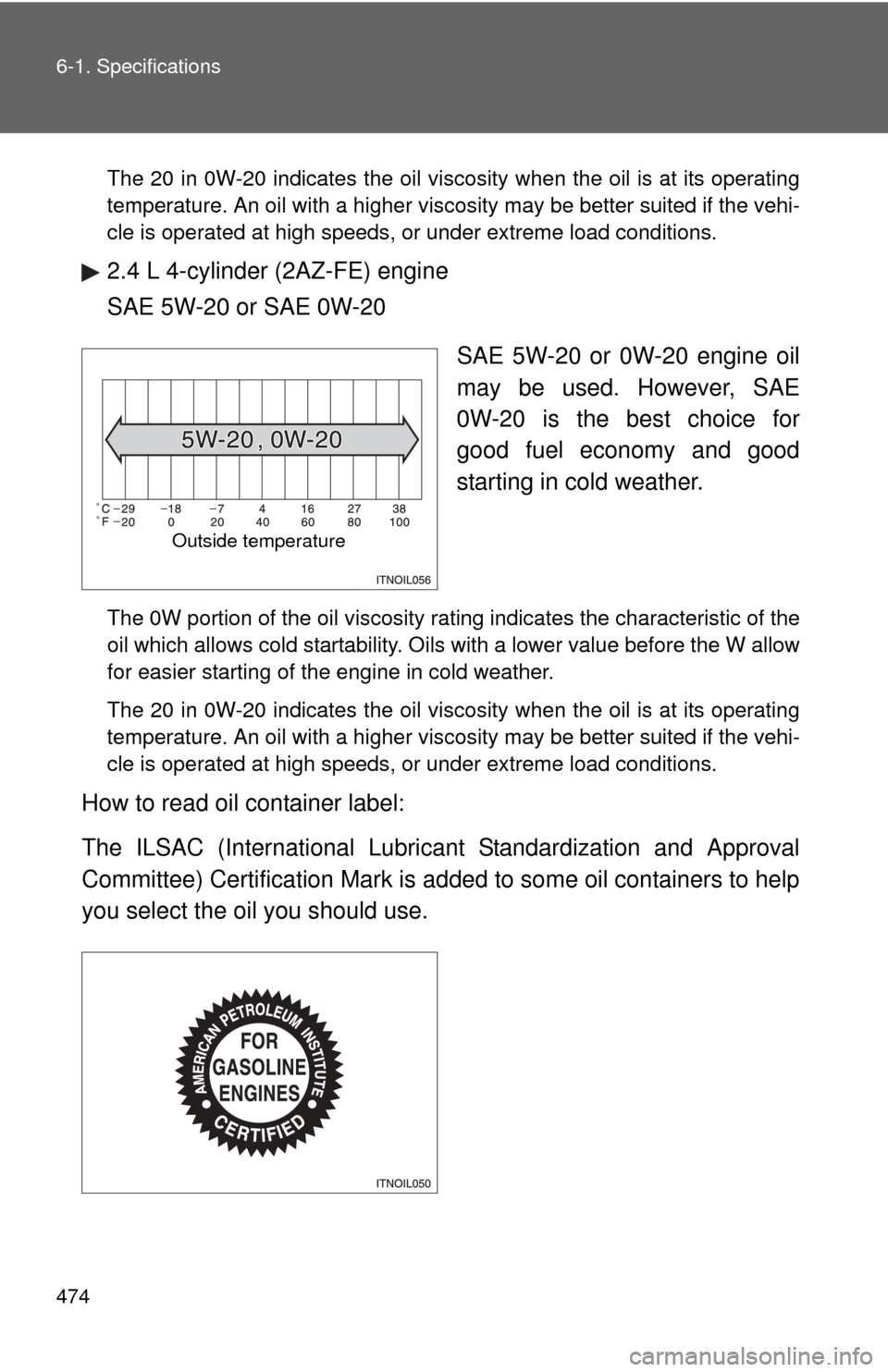 TOYOTA COROLLA 2011 10.G Owners Manual 474 6-1. Specifications
The 20 in 0W-20 indicates the oil viscosity when the oil is at its operating
temperature. An oil with a higher viscosity may be better suited if the vehi-
cle is operated at hi