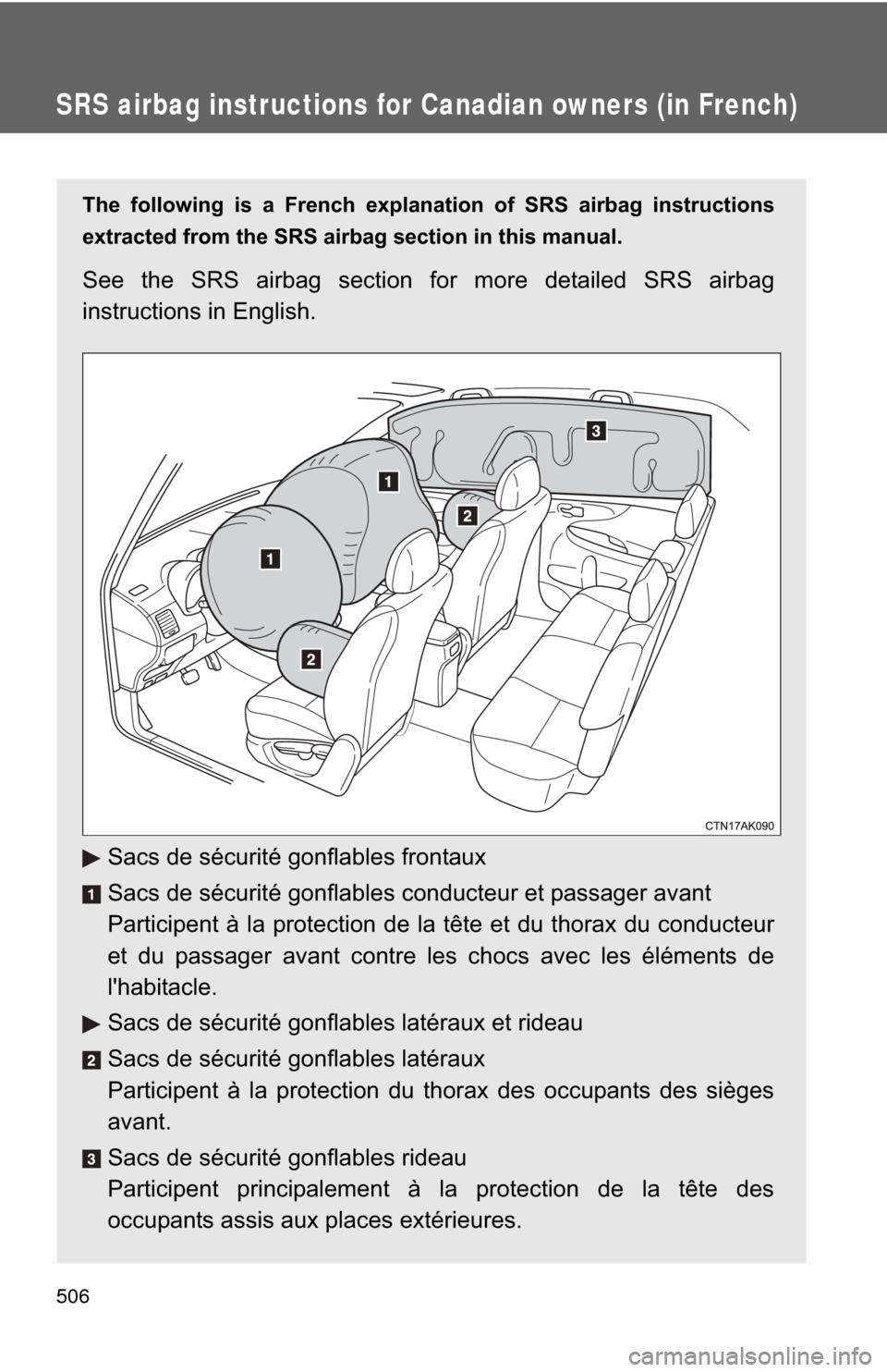 TOYOTA COROLLA 2011 10.G Owners Manual 506
SRS airbag instructions for Canadian owners (in French)
The following is a French explanation of SRS airbag instructions
extracted from the SRS airbag section in this manual.
See the SRS airbag se