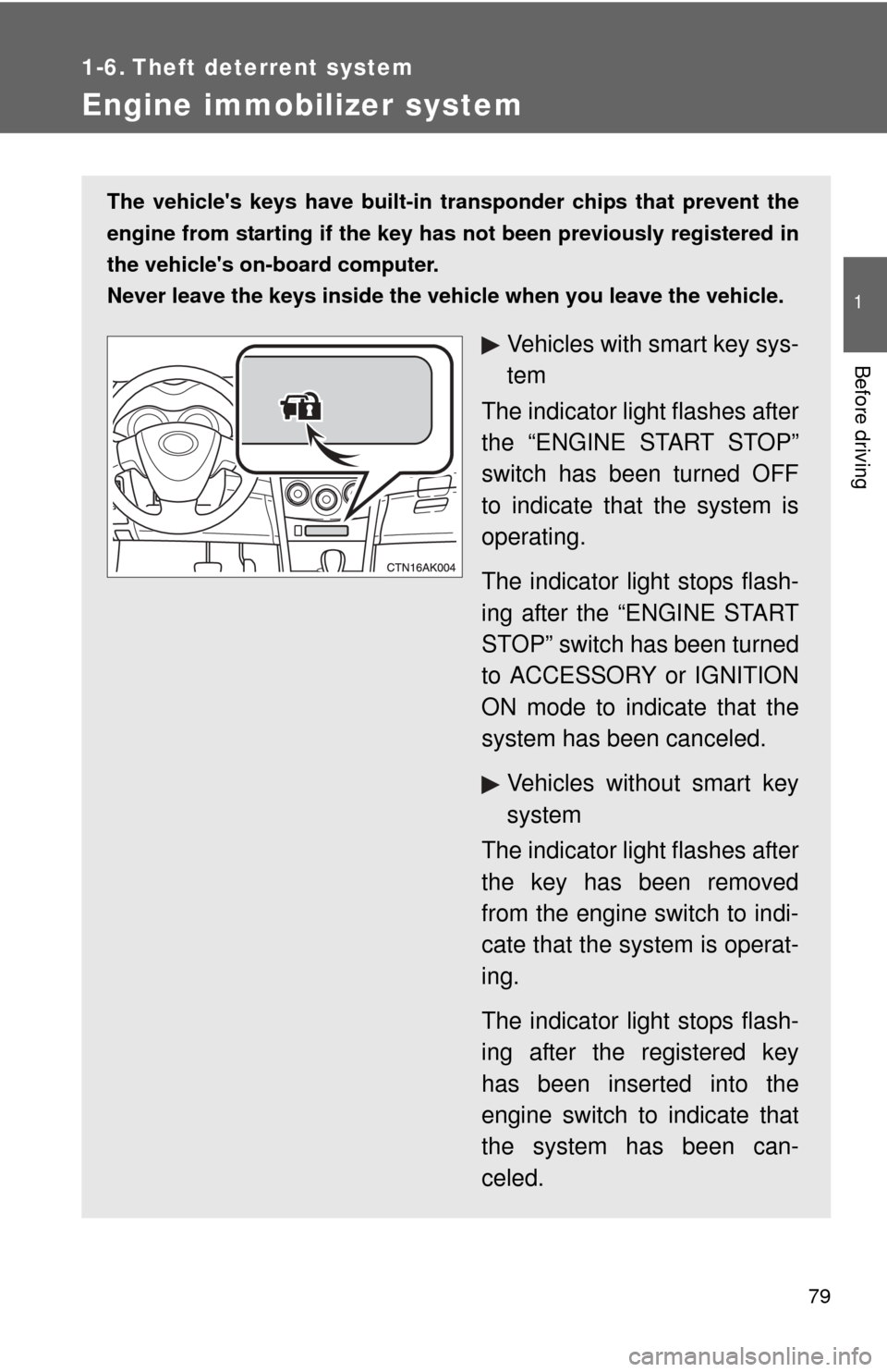 TOYOTA COROLLA 2011 10.G Manual PDF 79
1
Before driving
1-6. Theft deterrent system
Engine immobilizer system
The vehicles keys have built-in transponder chips that prevent the
engine from starting if the key has not been previously r TOYOTA COROLLA 2011 10.G Manual PDF 79
1
Before driving
1-6. Theft deterrent system
Engine immobilizer system
The vehicles keys have built-in transponder chips that prevent the
engine from starting if the key has not been previously r