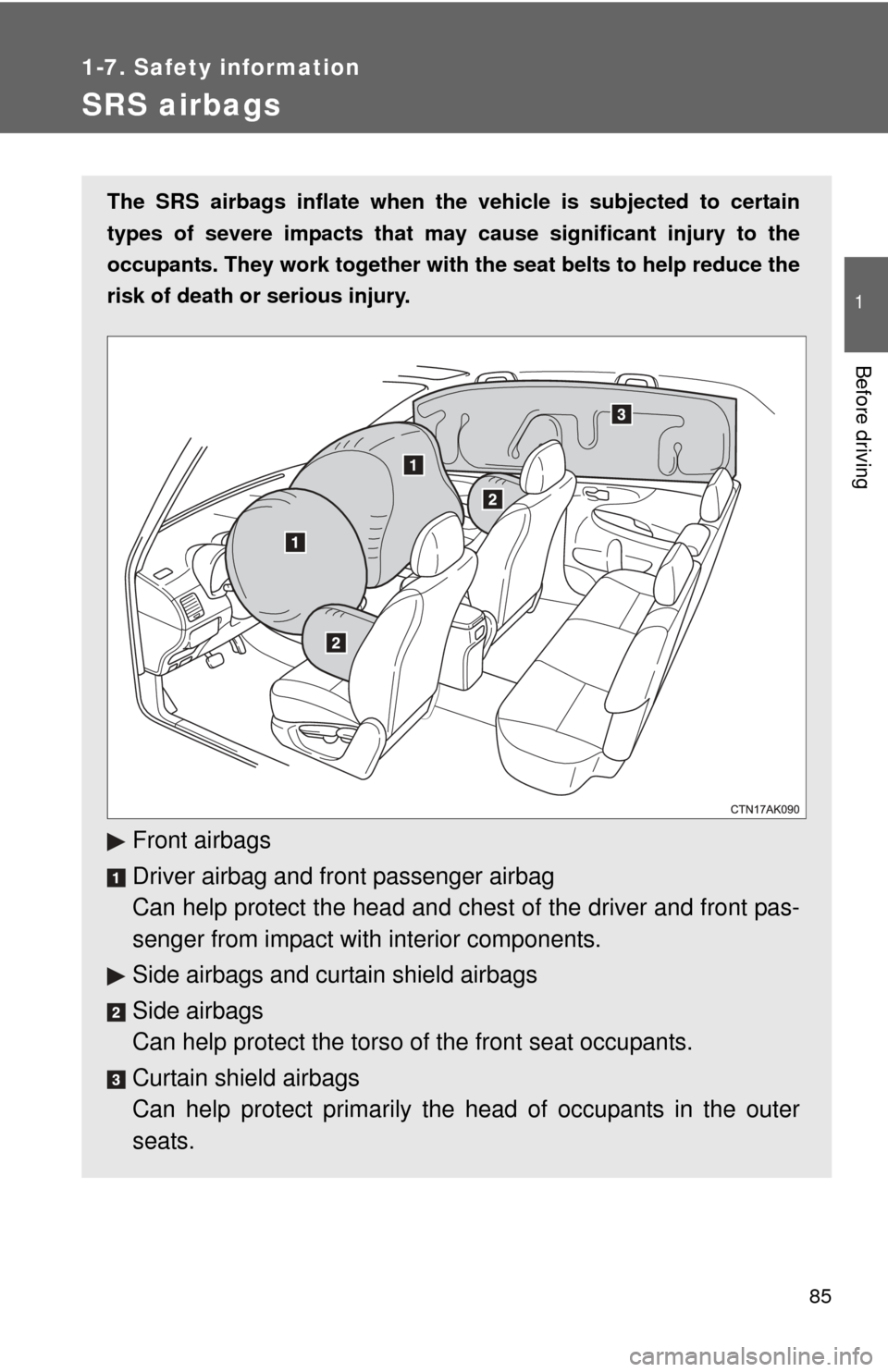 TOYOTA COROLLA 2011 10.G Owners Manual 85
1
1-7. Safety information
Before driving
SRS airbags
The SRS airbags inflate when the vehicle is subjected to certain
types of severe impacts that may  cause significant injury to the
occupants. Th