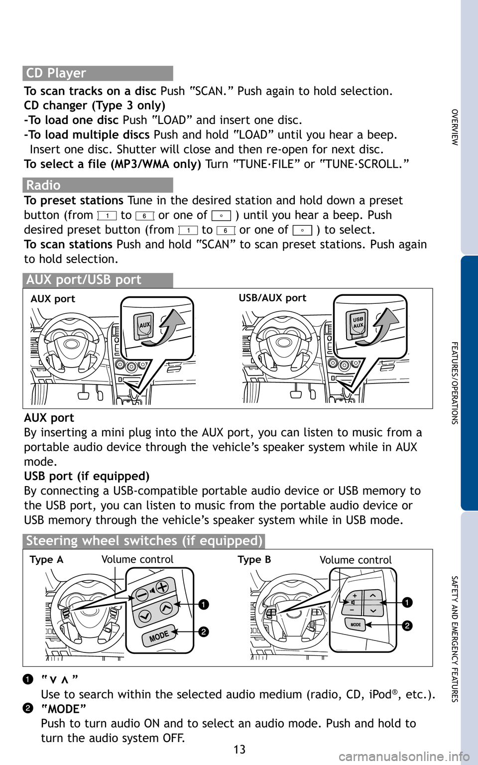 TOYOTA COROLLA 2011 10.G Quick Reference Guide 13
OVERVIEW
FEATURES/OPERATIONS
SAFETY AND EMERGENCY FEATURES
To preset stations Tune in the desired station and hold down a preset
button (from to or one of ) until you hear a beep. Push
desired TOYOTA COROLLA 2011 10.G Quick Reference Guide 13
OVERVIEW
FEATURES/OPERATIONS
SAFETY AND EMERGENCY FEATURES
To preset stations Tune in the desired station and hold down a preset
button (from to or one of ) until you hear a beep. Push
desired