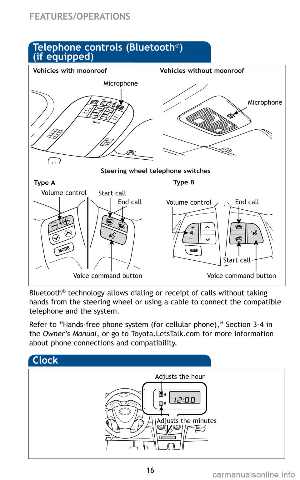 TOYOTA COROLLA 2011 10.G Quick Reference Guide 16
FEATURES/OPERATIONS
Bluetooth®technology allows dialing or receipt of calls without taking
hands from the steering wheel or using a cable to connect the compatible
telephone and the system.
Ref TOYOTA COROLLA 2011 10.G Quick Reference Guide 16
FEATURES/OPERATIONS
Bluetooth®technology allows dialing or receipt of calls without taking
hands from the steering wheel or using a cable to connect the compatible
telephone and the system.
Ref