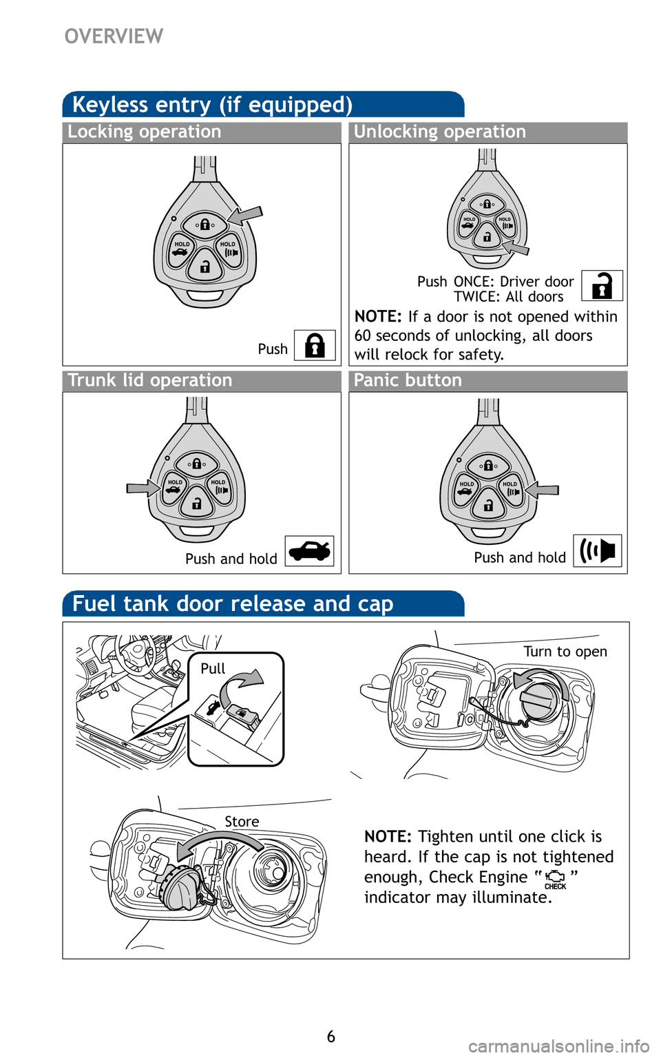 TOYOTA COROLLA 2011 10.G Quick Reference Guide 6
OVERVIEW

Push Push ONCE: Driver door 
TWICE: All doors


Push and hold
NOTE:If a door is not opened within 
60 seconds of unlocking, all doors 
will relock for safety.

Push and hold

NOTE: Tighten