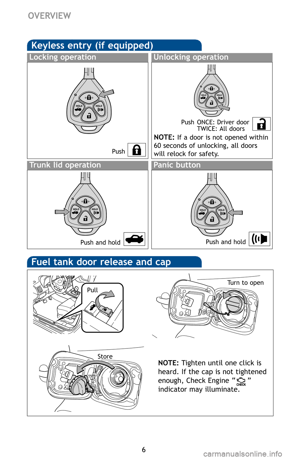 TOYOTA COROLLA 2011 10.G Quick Reference Guide 6
OVERVIEW
Push Push ONCE: Driver door
TWICE: All doors
Push and hold
NOTE:If a door is not opened within
60 seconds of unlocking, all doors
will relock for safety.
Push and hold
NOTE: Tighten TOYOTA COROLLA 2011 10.G Quick Reference Guide 6
OVERVIEW
Push Push ONCE: Driver door
TWICE: All doors
Push and hold
NOTE:If a door is not opened within
60 seconds of unlocking, all doors
will relock for safety.
Push and hold
NOTE: Tighten