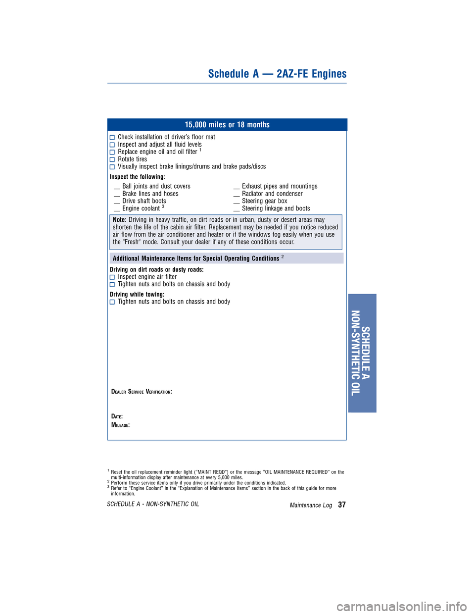 TOYOTA COROLLA 2011 10.G Warranty And Maintenance Guide JOBNAME: 317568-2011-cor-toyw PAGE: 37 SESS: 11 OUTPUT: Tue Nov 2 15:51:33 2010
/tweddle/toyota/sched-maint/317568-en-cor/wg
15,000 miles or 18 months
Check installation of driver’s floor matInspect