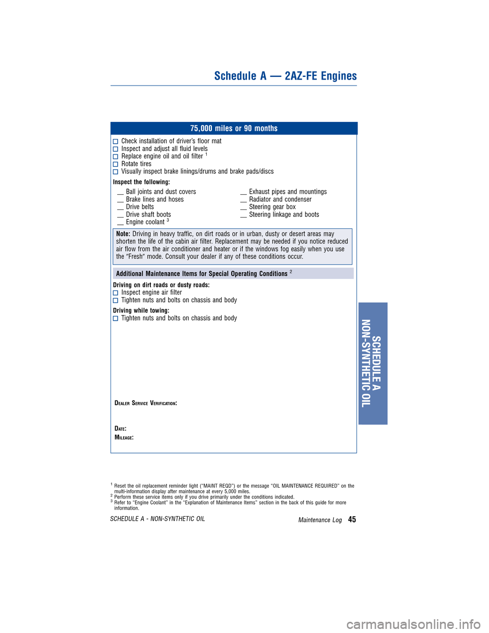 TOYOTA COROLLA 2011 10.G Warranty And Maintenance Guide JOBNAME: 317568-2011-cor-toyw PAGE: 45 SESS: 11 OUTPUT: Tue Nov 2 15:51:33 2010
/tweddle/toyota/sched-maint/317568-en-cor/wg
75,000 miles or 90 months
Check installation of driver’s floor matInspect TOYOTA COROLLA 2011 10.G Warranty And Maintenance Guide JOBNAME: 317568-2011-cor-toyw PAGE: 45 SESS: 11 OUTPUT: Tue Nov 2 15:51:33 2010
/tweddle/toyota/sched-maint/317568-en-cor/wg
75,000 miles or 90 months
Check installation of driver’s floor matInspect