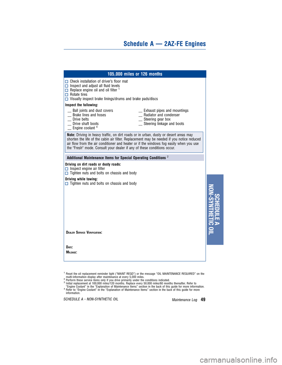 TOYOTA COROLLA 2011 10.G Warranty And Maintenance Guide JOBNAME: 317568-2011-cor-toyw PAGE: 49 SESS: 11 OUTPUT: Tue Nov 2 15:51:33 2010
/tweddle/toyota/sched-maint/317568-en-cor/wg
105,000 miles or 126 months
Check installation of driver’s floor matInspe