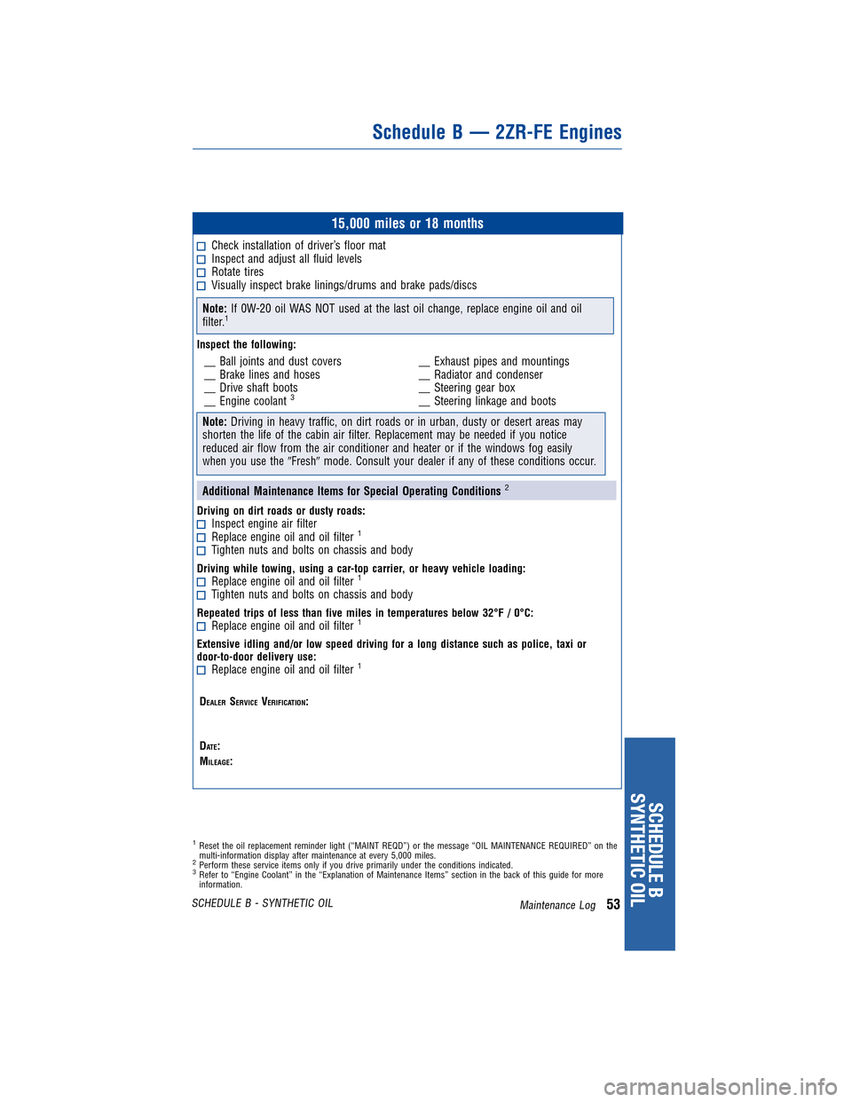 TOYOTA COROLLA 2011 10.G Warranty And Maintenance Guide JOBNAME: 317568-2011-cor-toyw PAGE: 53 SESS: 11 OUTPUT: Tue Nov 2 15:51:33 2010
/tweddle/toyota/sched-maint/317568-en-cor/wg
15,000 miles or 18 months
Check installation of driver’s floor matInspect