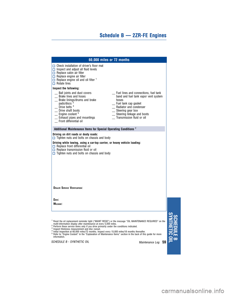 TOYOTA COROLLA 2011 10.G Warranty And Maintenance Guide JOBNAME: 317568-2011-cor-toyw PAGE: 59 SESS: 11 OUTPUT: Tue Nov 2 15:51:33 2010
/tweddle/toyota/sched-maint/317568-en-cor/wg
60,000 miles or 72 months
Check installation of driver’s floor matInspect