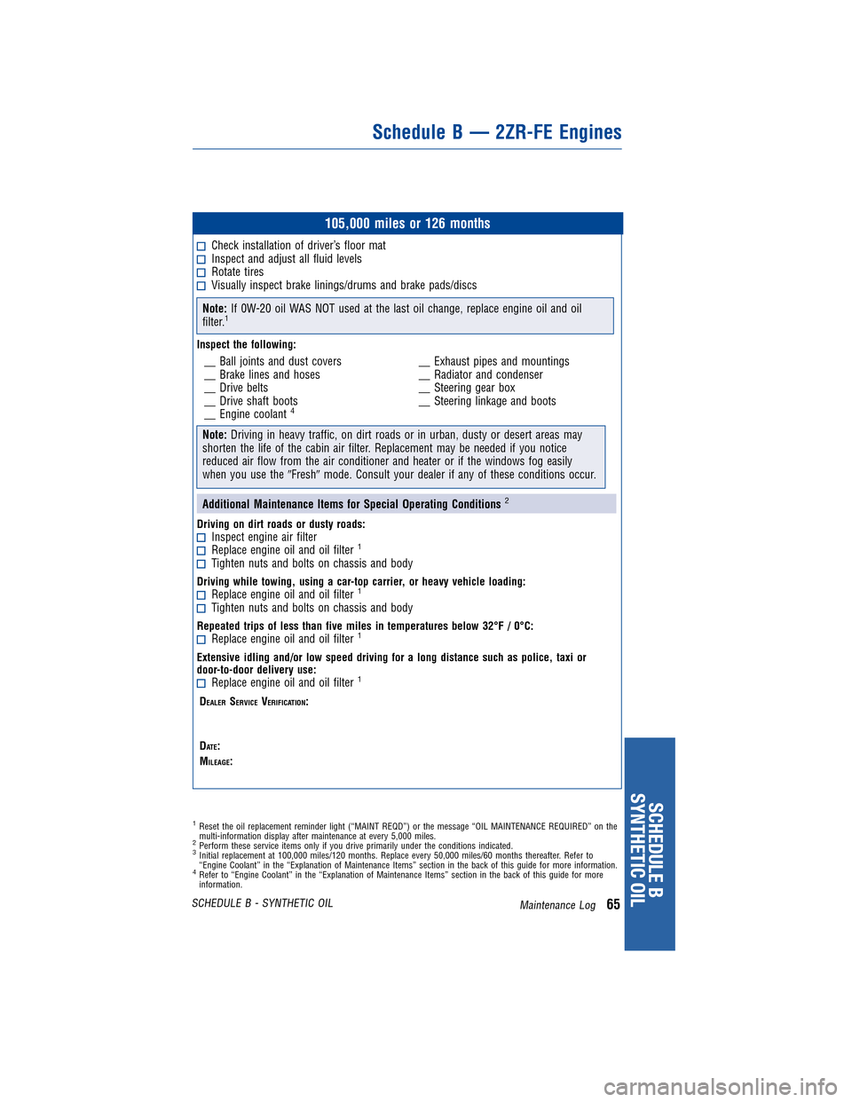 TOYOTA COROLLA 2011 10.G Warranty And Maintenance Guide JOBNAME: 317568-2011-cor-toyw PAGE: 65 SESS: 11 OUTPUT: Tue Nov 2 15:51:33 2010
/tweddle/toyota/sched-maint/317568-en-cor/wg
105,000 miles or 126 months
Check installation of driver’s floor matInspe