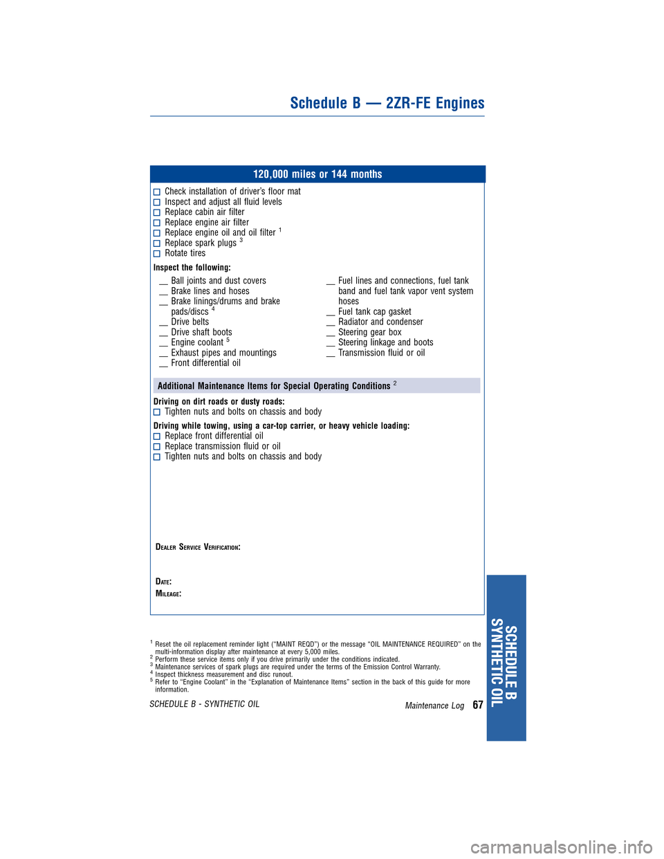 TOYOTA COROLLA 2011 10.G Warranty And Maintenance Guide JOBNAME: 317568-2011-cor-toyw PAGE: 67 SESS: 11 OUTPUT: Tue Nov 2 15:51:33 2010
/tweddle/toyota/sched-maint/317568-en-cor/wg
120,000 miles or 144 months
Check installation of driver’s floor matInspe