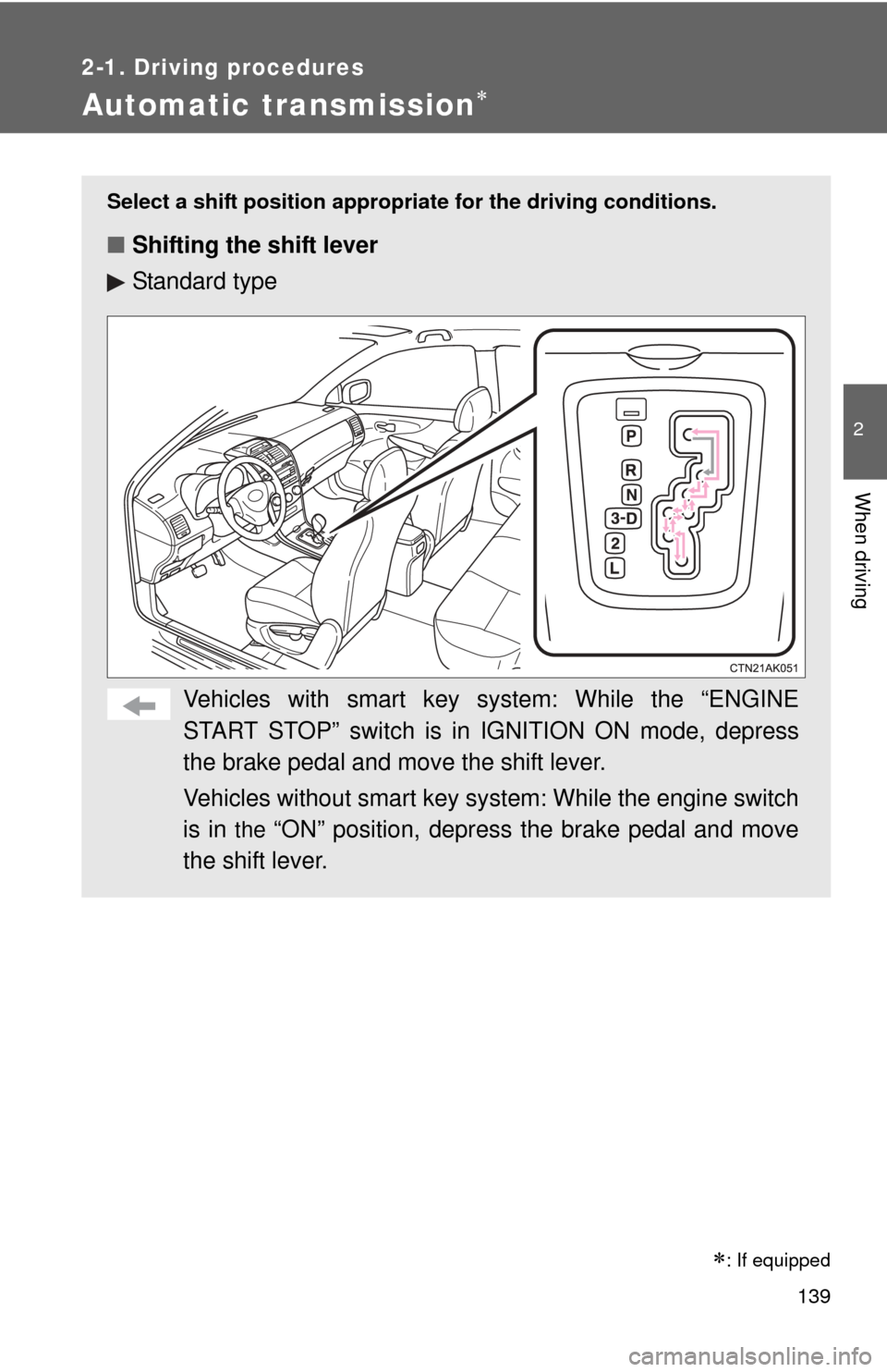 TOYOTA COROLLA 2012 10.G Service Manual 139
2-1. Driving procedures
2
When driving
Automatic transmission
Select a shift position appropriate for the driving conditions.
■Shifting the shift lever
Standard type
Vehicles with smart key s