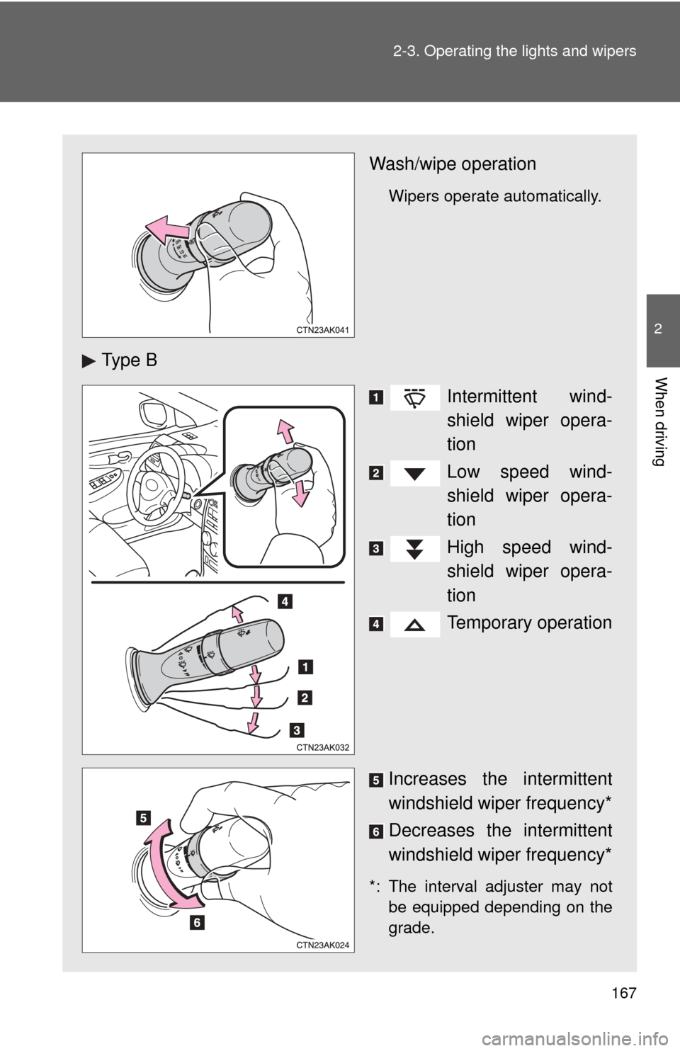 TOYOTA COROLLA 2012 10.G Owners Manual 167
2-3. Operating the lights and wipers
2
When driving
Wash/wipe operation
Wipers operate automatically. 
Ty p e  B
Intermittent wind-
shield wiper opera-
tion
Low speed wind-
shield wiper opera-
tio