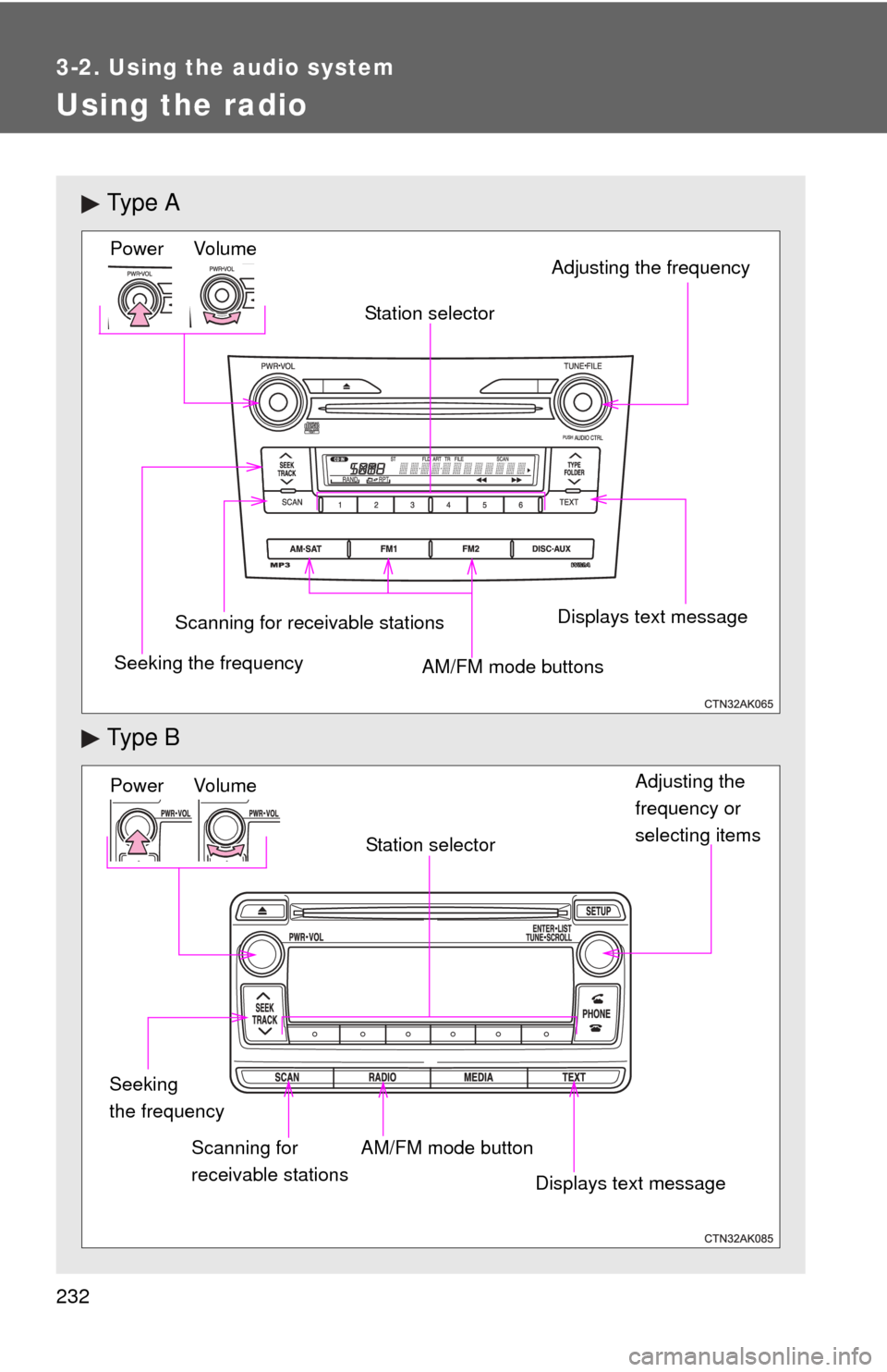 TOYOTA COROLLA 2012 10.G Owners Manual 232
3-2. Using the audio system
Using the radio
Ty p e A
Ty p e B
Vo lu m e
Seeking the frequency Station selector
AM/FM mode buttons Adjusting the frequency Power
Scanning for receivable stationsDi TOYOTA COROLLA 2012 10.G Owners Manual 232
3-2. Using the audio system
Using the radio
Ty p e A
Ty p e B
Vo lu m e
Seeking the frequency Station selector
AM/FM mode buttons Adjusting the frequency Power
Scanning for receivable stationsDi