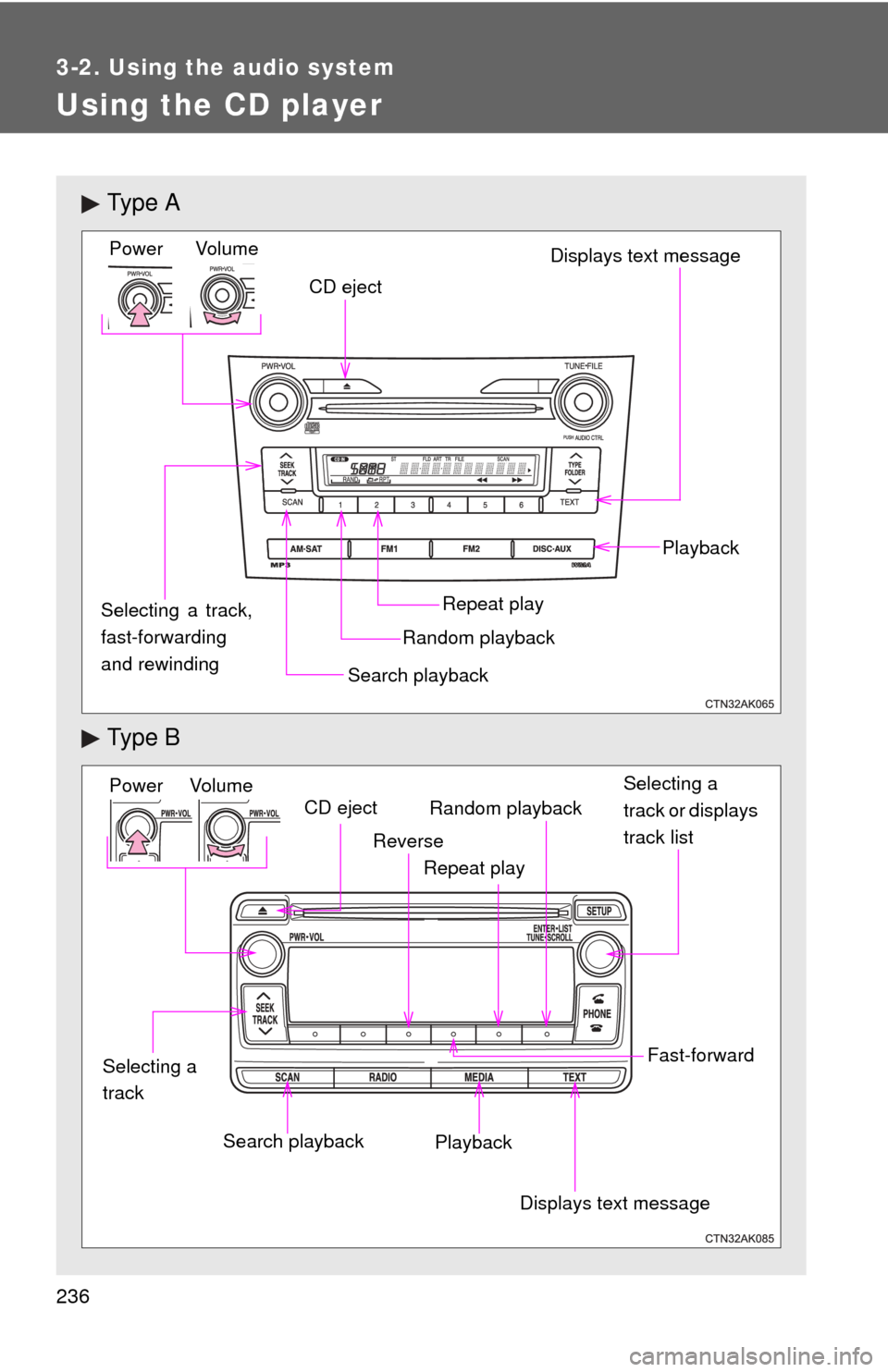 TOYOTA COROLLA 2012 10.G Owners Manual 236
3-2. Using the audio system
Using the CD player
Ty p e A
Ty p e B
Vol um eRandom playbackRepeat play Playback
Power
CD eject
Displays text message
Search playback
Selecting a track,
fast-forward TOYOTA COROLLA 2012 10.G Owners Manual 236
3-2. Using the audio system
Using the CD player
Ty p e A
Ty p e B
Vol um eRandom playbackRepeat play Playback
Power
CD eject
Displays text message
Search playback
Selecting a track,
fast-forward