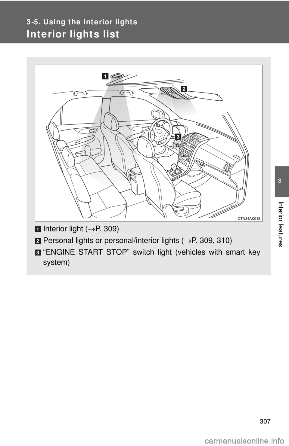 TOYOTA COROLLA 2012 10.G Owners Manual 307
3
Interior features
3-5. Using the interior lights
Interior lights list
Interior light (P. 309)
Personal lights or personal/interior lights ( P. 309, 310)
“ENGINE START STOP” switch ligh