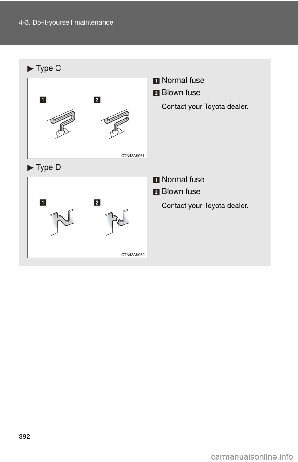 TOYOTA COROLLA 2012 10.G Owners Manual 392 4-3. Do-it-yourself maintenance
Ty p e  CNormal fuse
Blown fuse
Contact your Toyota dealer.
Ty p e  D
Normal fuse
Blown fuse
Contact your Toyota dealer. 