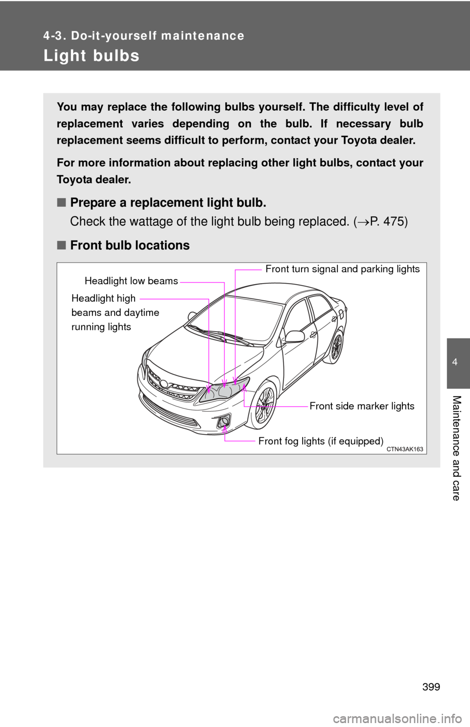 TOYOTA COROLLA 2012 10.G Owners Manual 399
4-3. Do-it-yourself maintenance
4
Maintenance and care
Light bulbs
You may replace the following bulbs yourself. The difficulty level of
replacement varies depending on the bulb. If necessary bulb