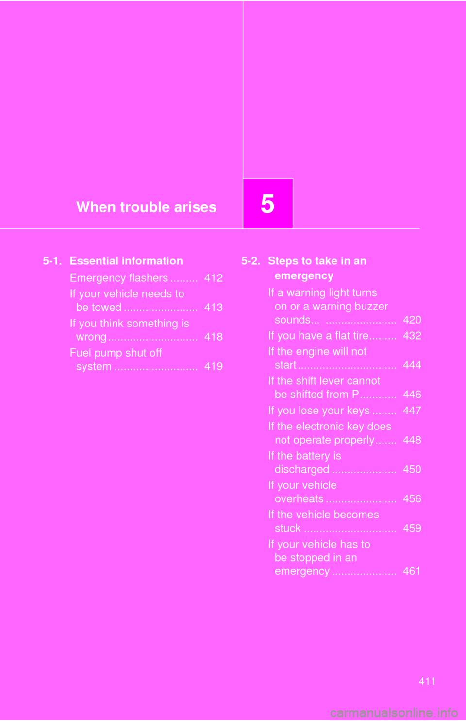 TOYOTA COROLLA 2012 10.G Owners Manual When trouble arises5
411
5-1. Essential informationEmergency flashers .........  412
If your vehicle needs to be towed ........................  413
If you think something is  wrong ..................