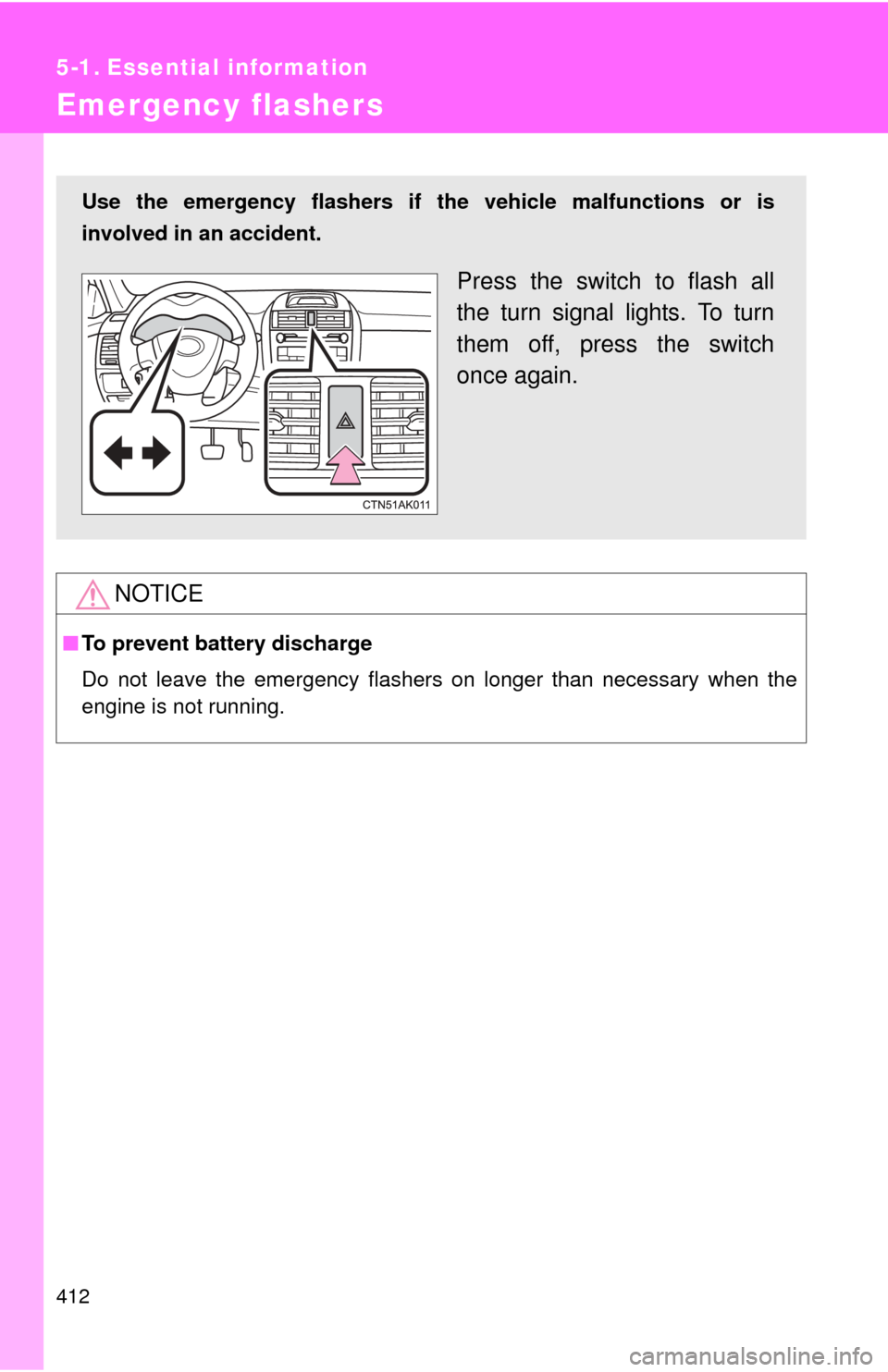 TOYOTA COROLLA 2012 10.G Owners Manual 412
5-1. Essential information
Emergency flashers
NOTICE
■To prevent battery discharge
Do not leave the emergency flashers on longer than necessary when the
engine is not running.
Use the emergency 