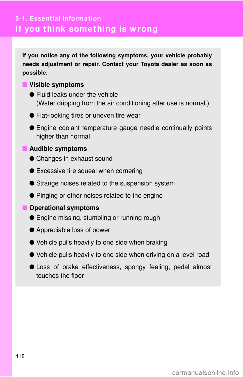 TOYOTA COROLLA 2012 10.G Owners Manual 418
5-1. Essential information
If you think something is wrong
If you notice any of the following symptoms, your vehicle probably
needs adjustment or repair. Contact your Toyota dealer as soon as
poss TOYOTA COROLLA 2012 10.G Owners Manual 418
5-1. Essential information
If you think something is wrong
If you notice any of the following symptoms, your vehicle probably
needs adjustment or repair. Contact your Toyota dealer as soon as
poss