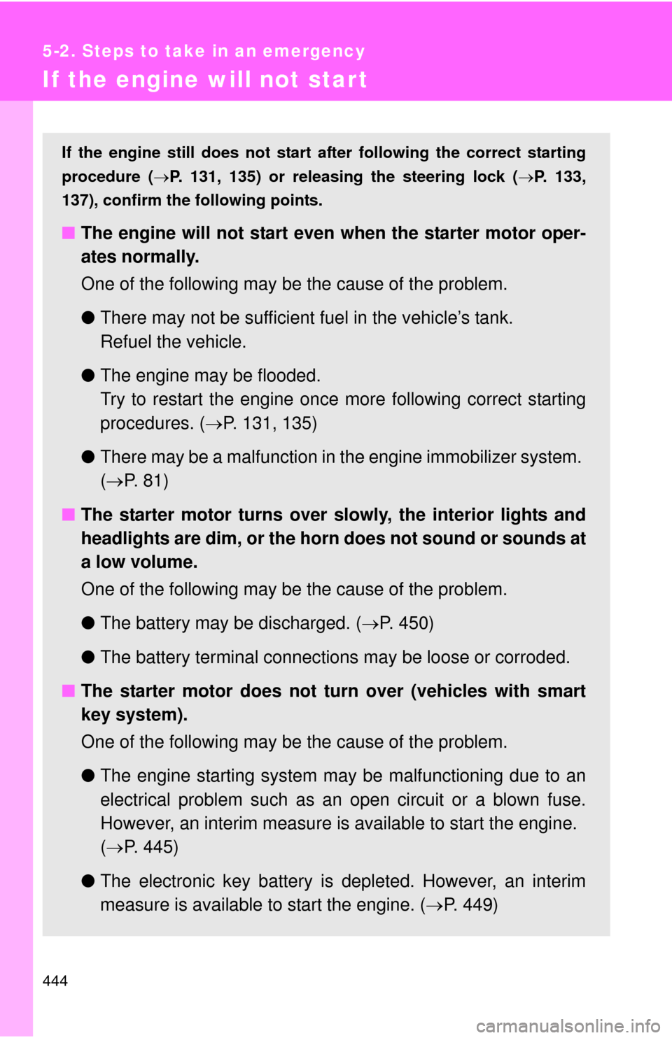 TOYOTA COROLLA 2012 10.G Owners Manual 444
5-2. Steps to take in an emergency
If the engine will not star t
If the engine still does not start after following the correct starting
procedure (P. 131, 135) or releasing the steering lock ( TOYOTA COROLLA 2012 10.G Owners Manual 444
5-2. Steps to take in an emergency
If the engine will not star t
If the engine still does not start after following the correct starting
procedure (P. 131, 135) or releasing the steering lock (
