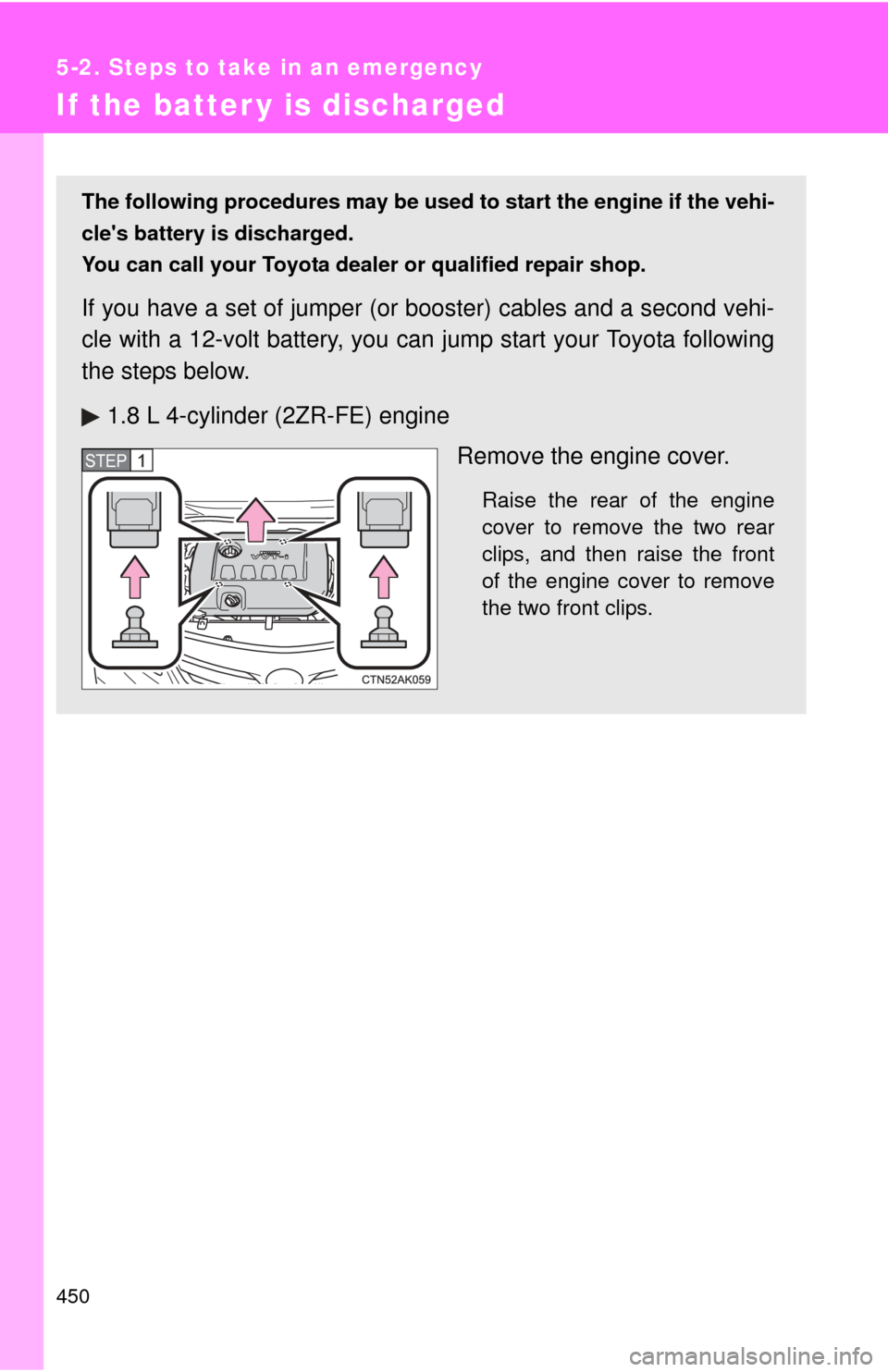 TOYOTA COROLLA 2012 10.G Owners Manual 450
5-2. Steps to take in an emergency
If the batter y is discharged
The following procedures may be used to start the engine if the vehi-
cles battery is discharged.
You can call your Toyota dealer TOYOTA COROLLA 2012 10.G Owners Manual 450
5-2. Steps to take in an emergency
If the batter y is discharged
The following procedures may be used to start the engine if the vehi-
cles battery is discharged.
You can call your Toyota dealer