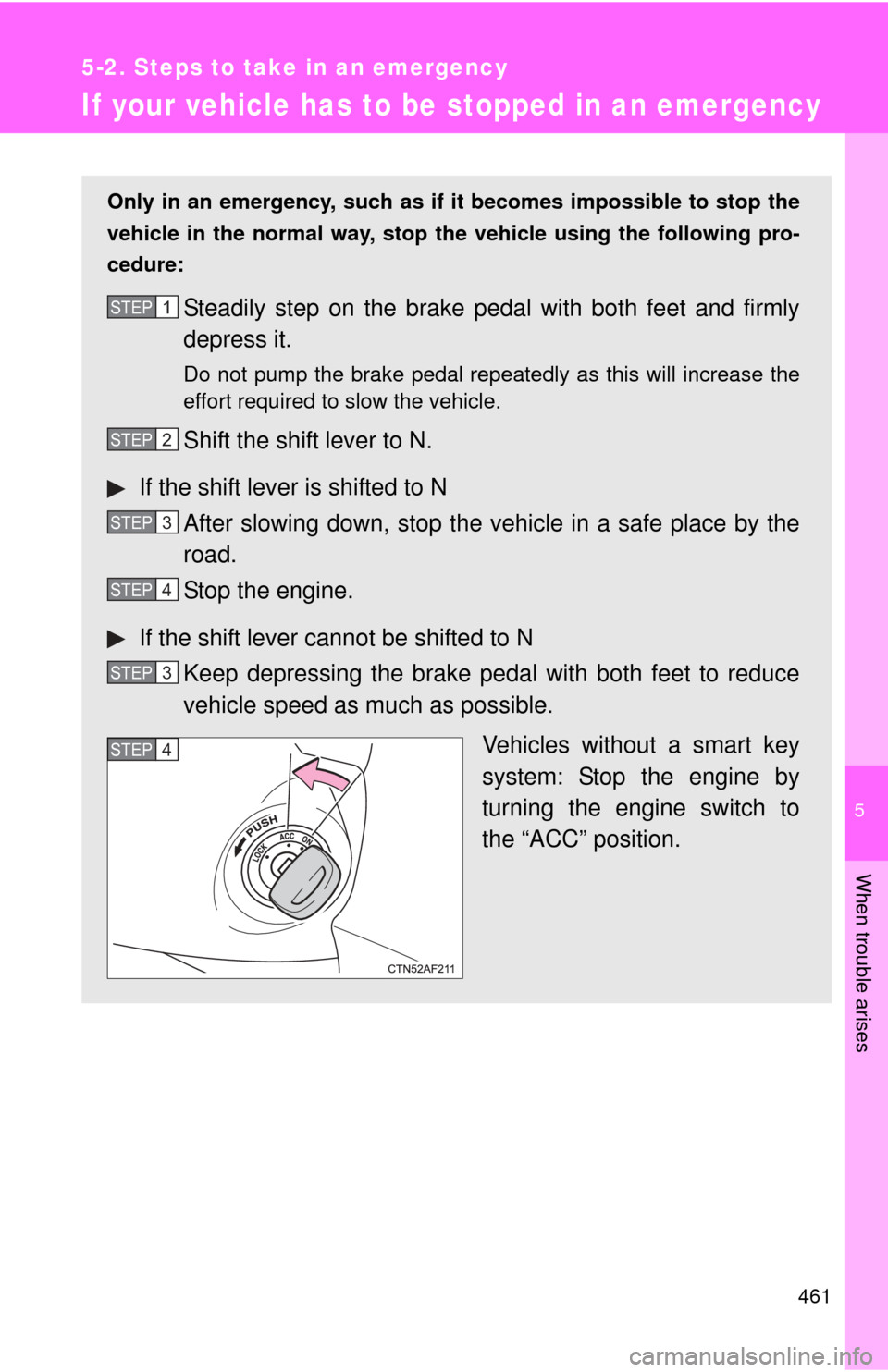 TOYOTA COROLLA 2012 10.G Owners Manual 5
When trouble arises
461
5-2. Steps to take in an emergency
If your vehicle has to be stopped in an emergency
Only in an emergency, such as if  it becomes impossible to stop the
vehicle in the normal