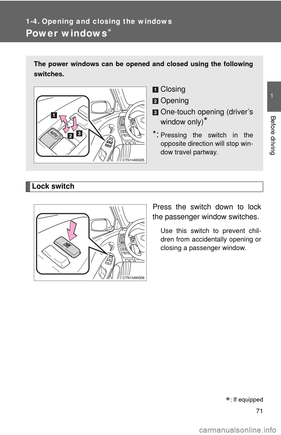 TOYOTA COROLLA 2012 10.G Manual PDF 71
1
Before driving
1-4. Opening and closing the windows
Power windows
Lock switchPress the switch down to lock
the passenger window switches.
Use this switch to prevent chil-
dren from accidentall TOYOTA COROLLA 2012 10.G Manual PDF 71
1
Before driving
1-4. Opening and closing the windows
Power windows
Lock switchPress the switch down to lock
the passenger window switches.
Use this switch to prevent chil-
dren from accidentall