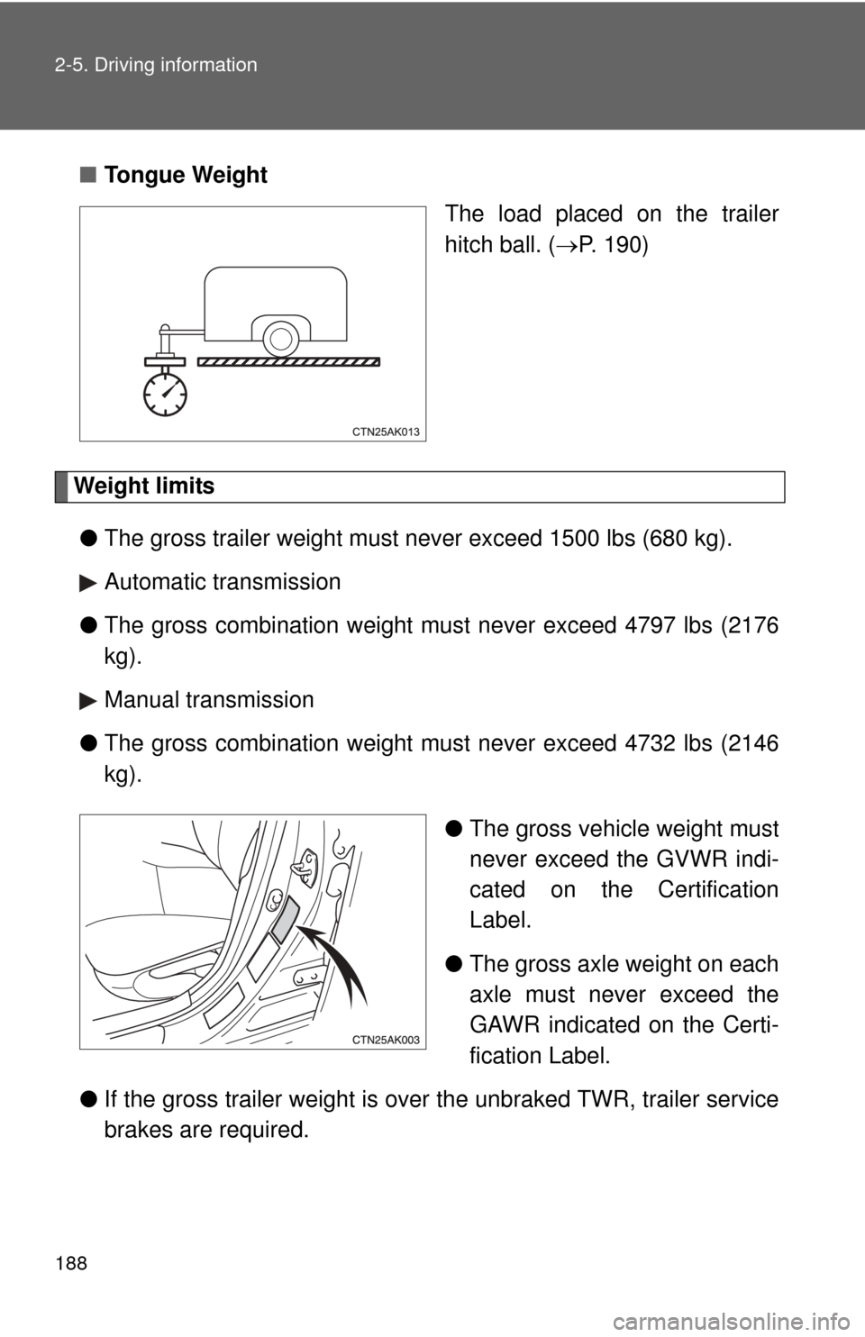 TOYOTA COROLLA 2013 11.G Owners Manual 188 2-5. Driving information
■Tongue Weight
The load placed on the trailer
hitch ball. (P. 190)
Weight limits
● The gross trailer weight must never exceed 1500 lbs (680 kg).
Automatic transmiss TOYOTA COROLLA 2013 11.G Owners Manual 188 2-5. Driving information
■Tongue Weight
The load placed on the trailer
hitch ball. (P. 190)
Weight limits
● The gross trailer weight must never exceed 1500 lbs (680 kg).
Automatic transmiss